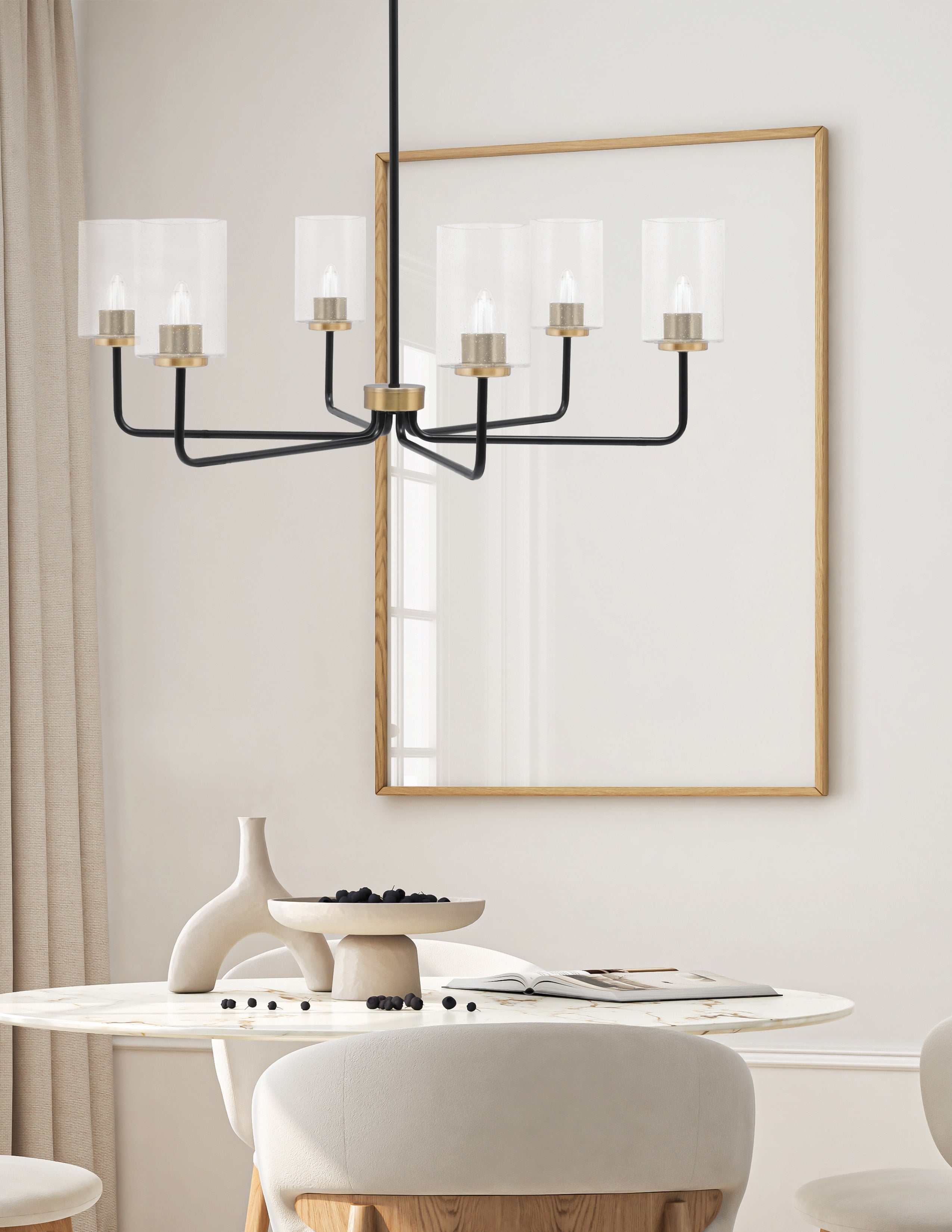 Sandia Six Light Chandelier in Matte Black & New Age Brass with Clear Bubble Shade