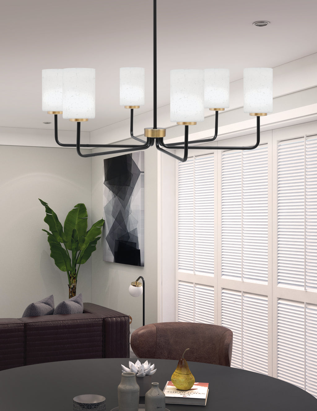 Sandia Six Light Chandelier in Matte Black & New Age Brass with White Muslin Shade