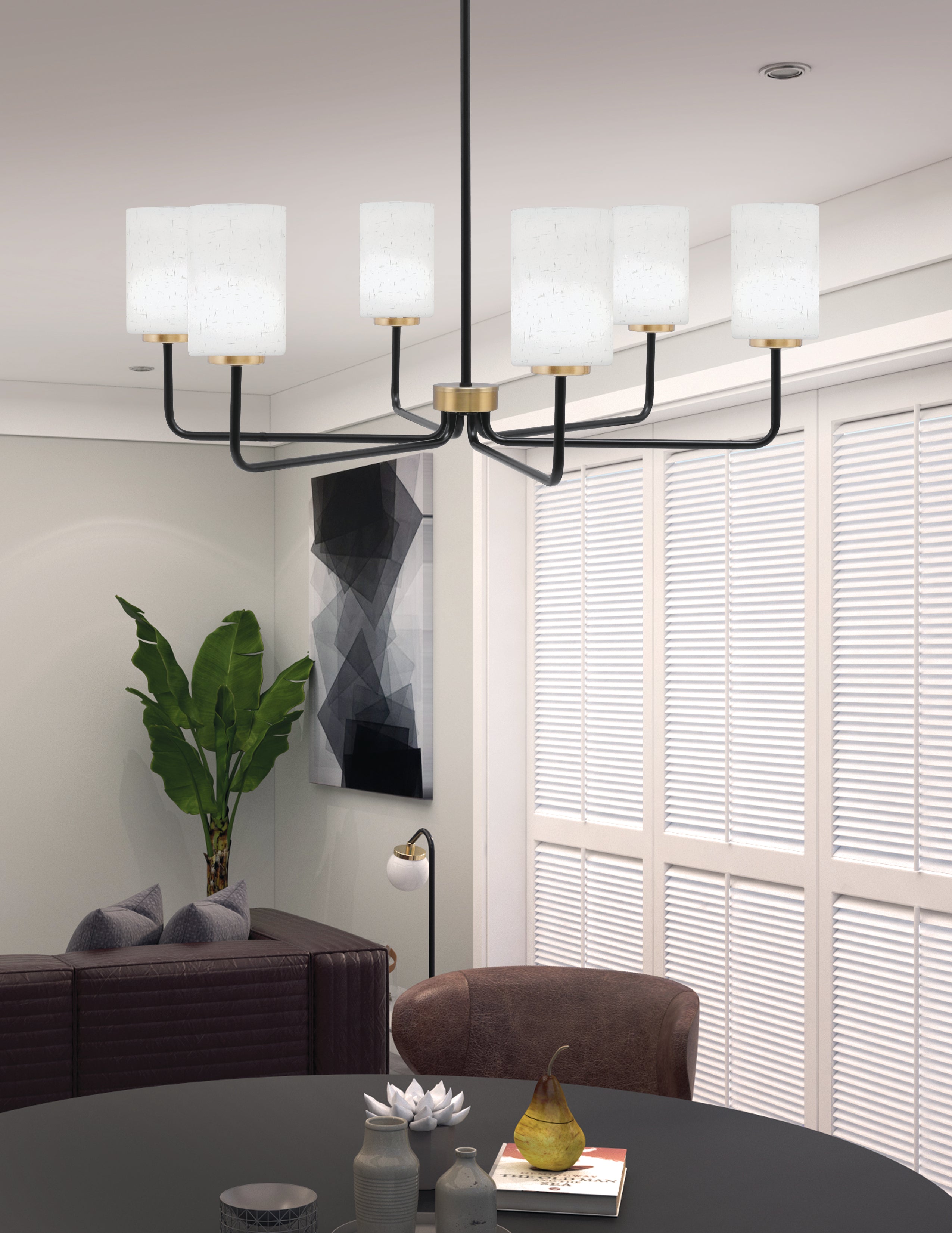 Sandia Six Light Chandelier in Matte Black & New Age Brass with White Muslin Shade