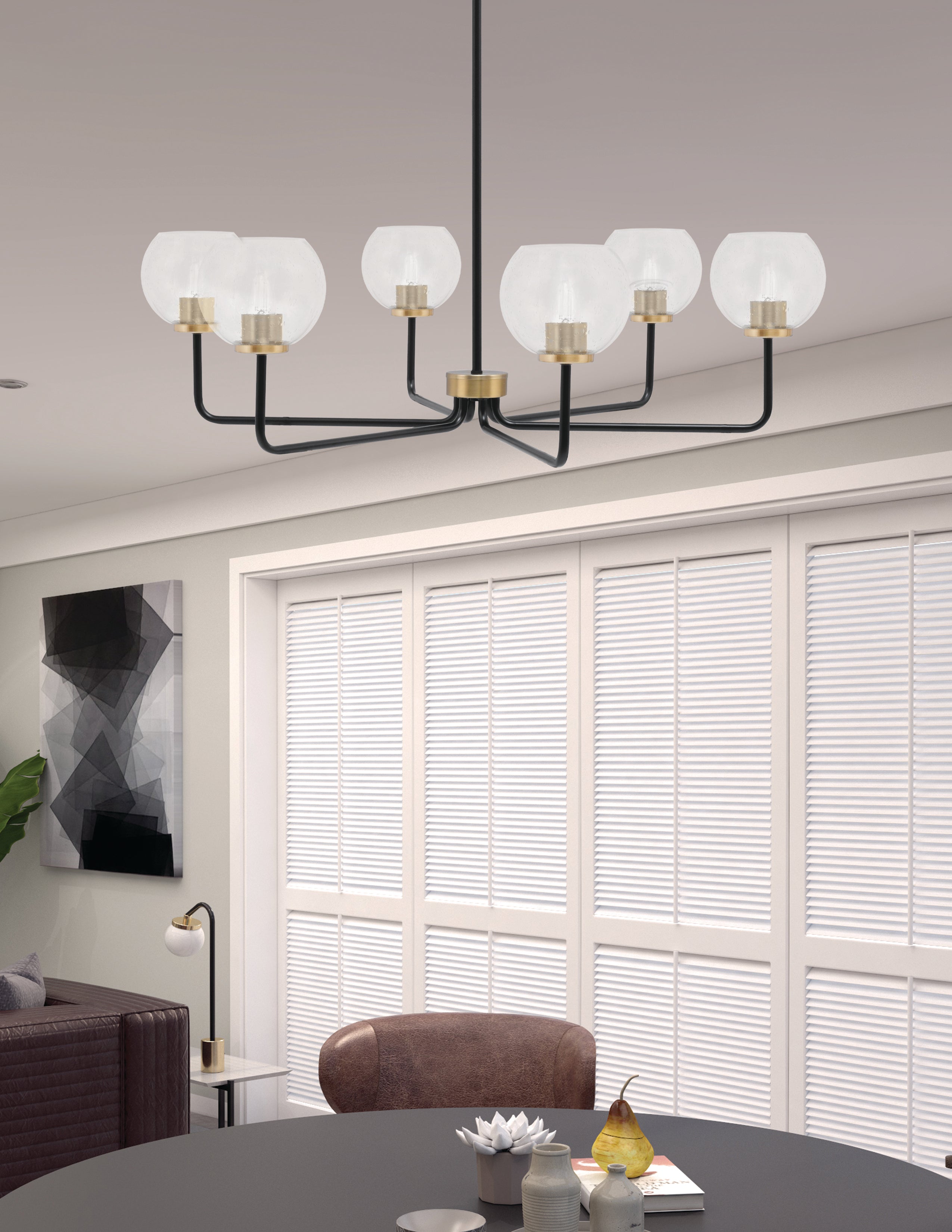 Sandia Six Light Chandelier in Matte Black & New Age Brass with Clear Bubble Shade