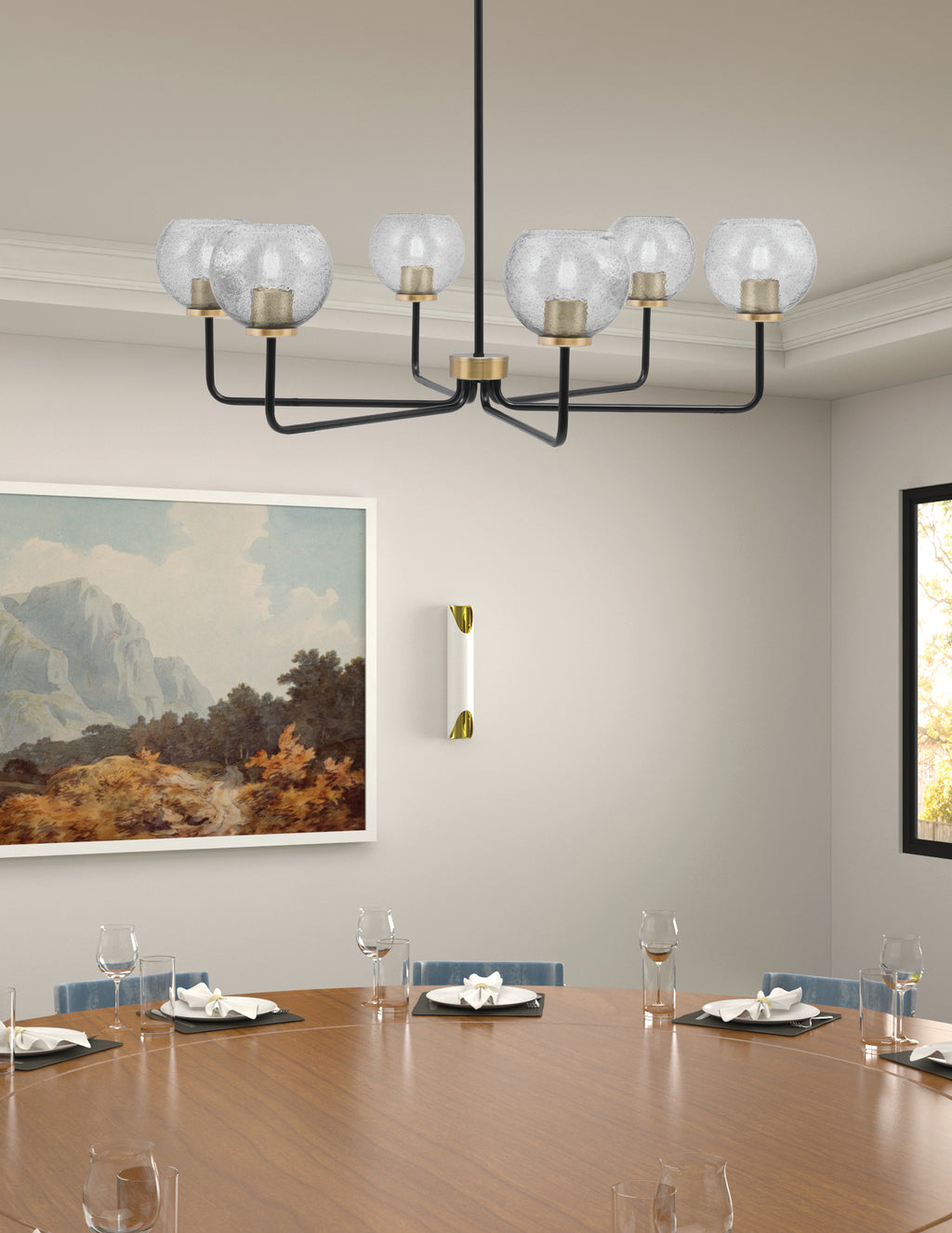 Sandia Six Light Chandelier in Matte Black & New Age Brass with Smoke Bubble Shade