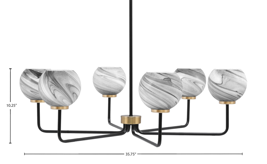 Sandia Six Light Chandelier in Matte Black & New Age Brass with Onyx Swirl Shade