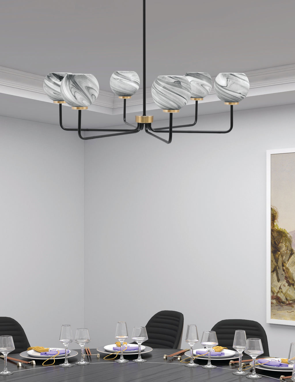 Sandia Six Light Chandelier in Matte Black & New Age Brass with Onyx Swirl Shade