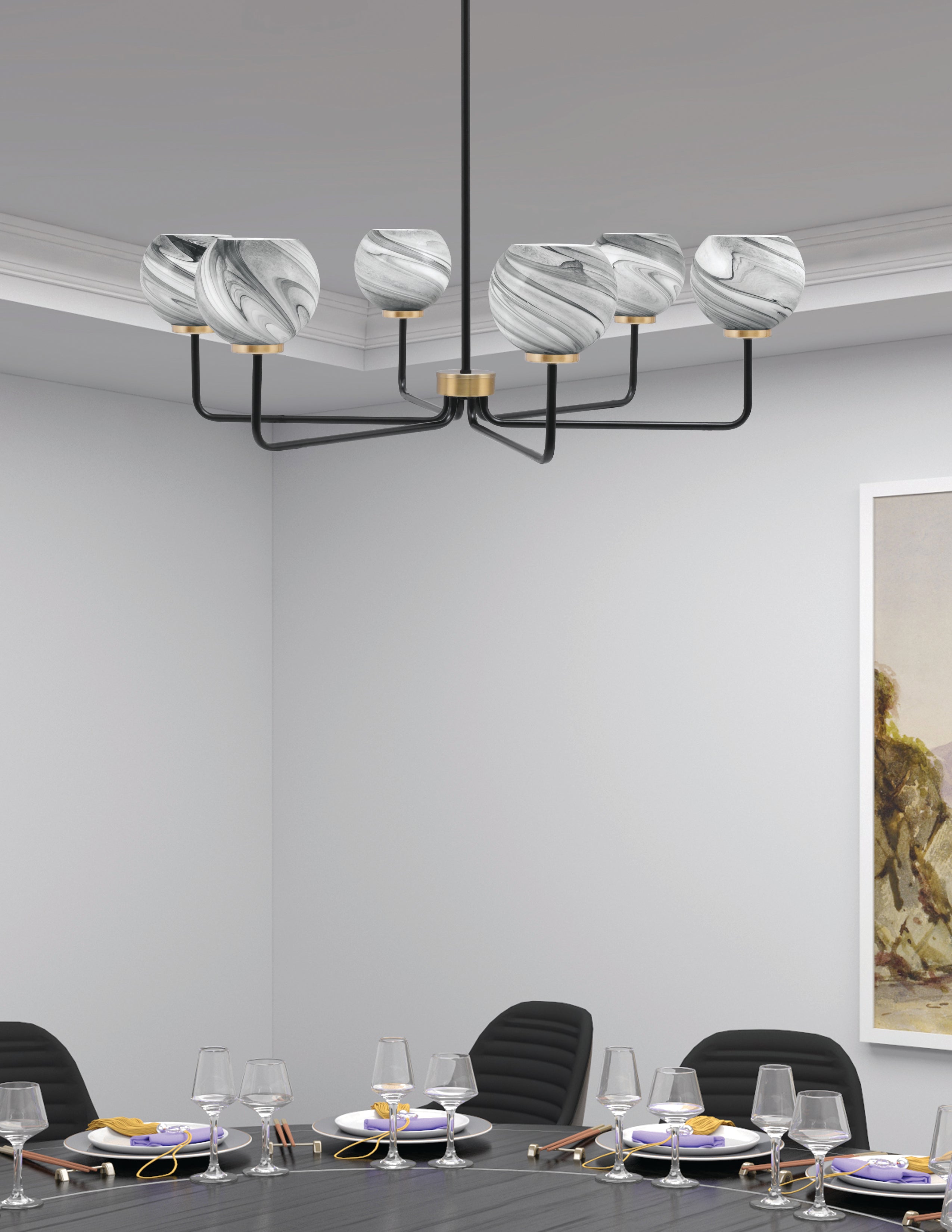 Sandia Six Light Chandelier in Matte Black & New Age Brass with Onyx Swirl Shade