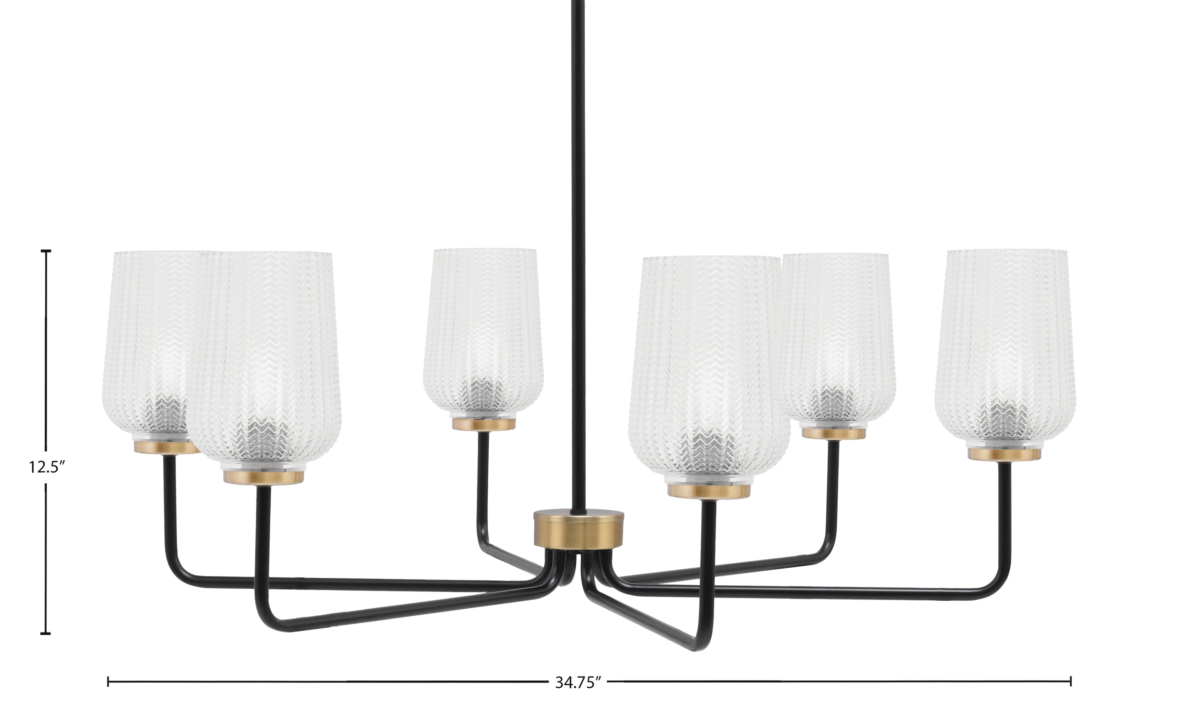 Sandia Six Light Chandelier in Matte Black & New Age Brass with Clear Textured Shade