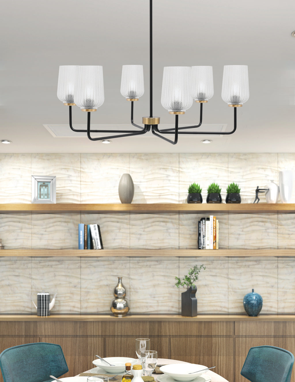 Sandia Six Light Chandelier in Matte Black & New Age Brass with Clear Textured Shade