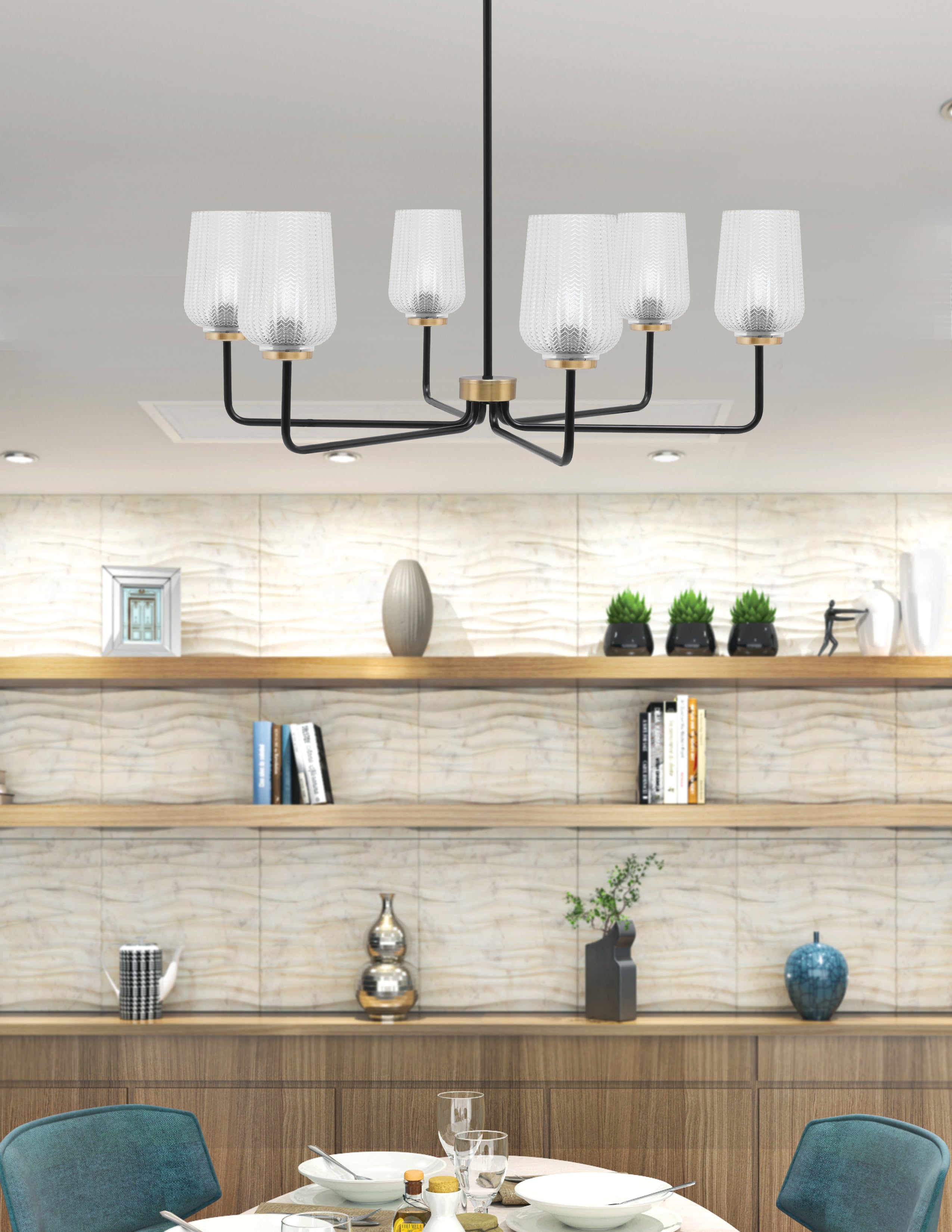 Sandia Six Light Chandelier in Matte Black & New Age Brass with Clear Textured Shade