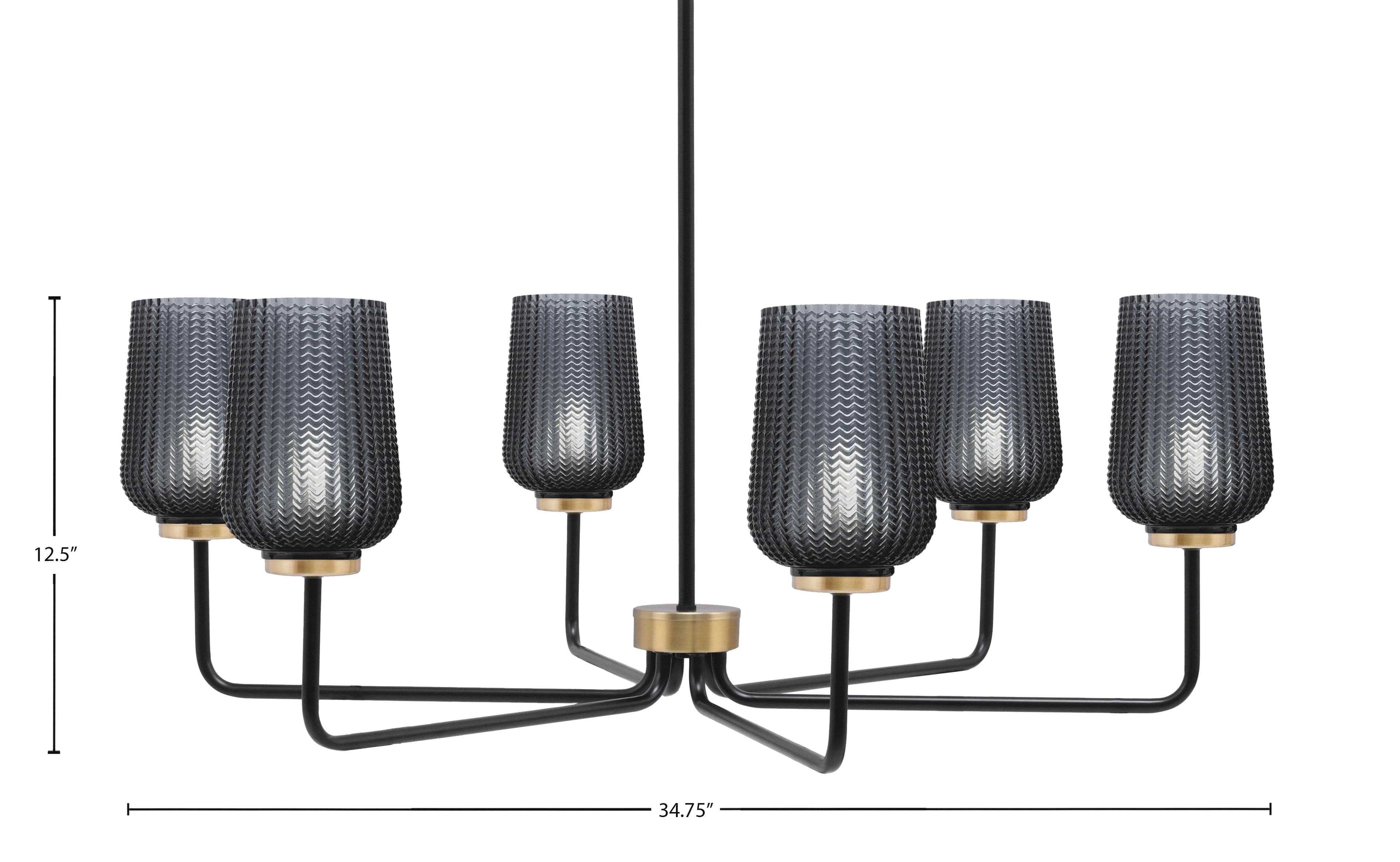 Sandia Six Light Chandelier in Matte Black & New Age Brass with Smoke Texture Shade