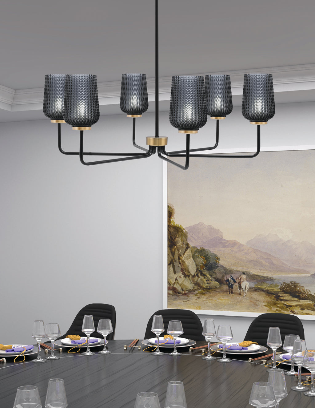 Sandia Six Light Chandelier in Matte Black & New Age Brass with Smoke Texture Shade