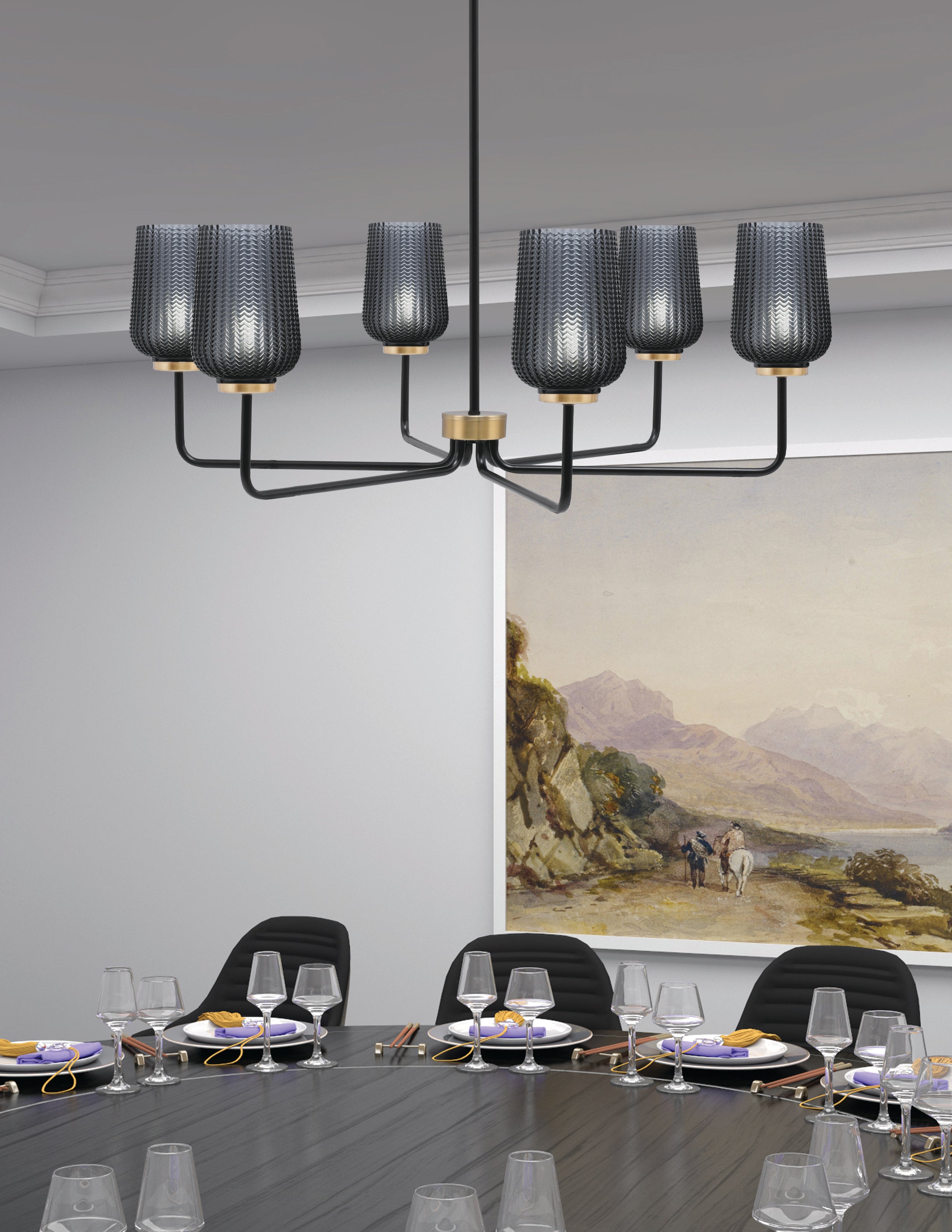 Sandia Six Light Chandelier in Matte Black & New Age Brass with Smoke Texture Shade