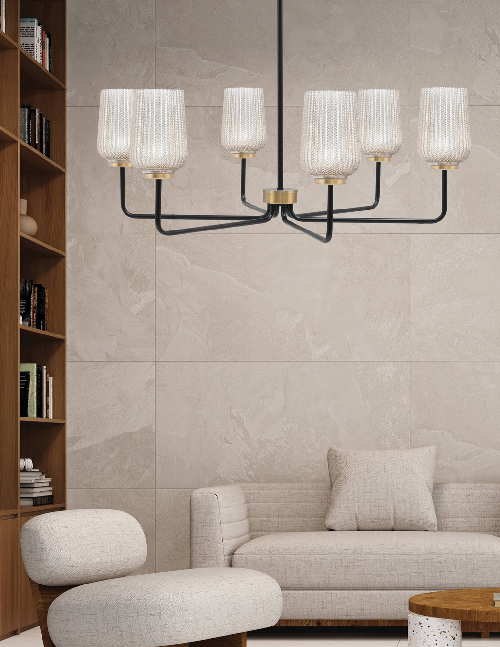 Sandia Six Light Chandelier in Matte Black & New Age Brass with Silver Textured Shade