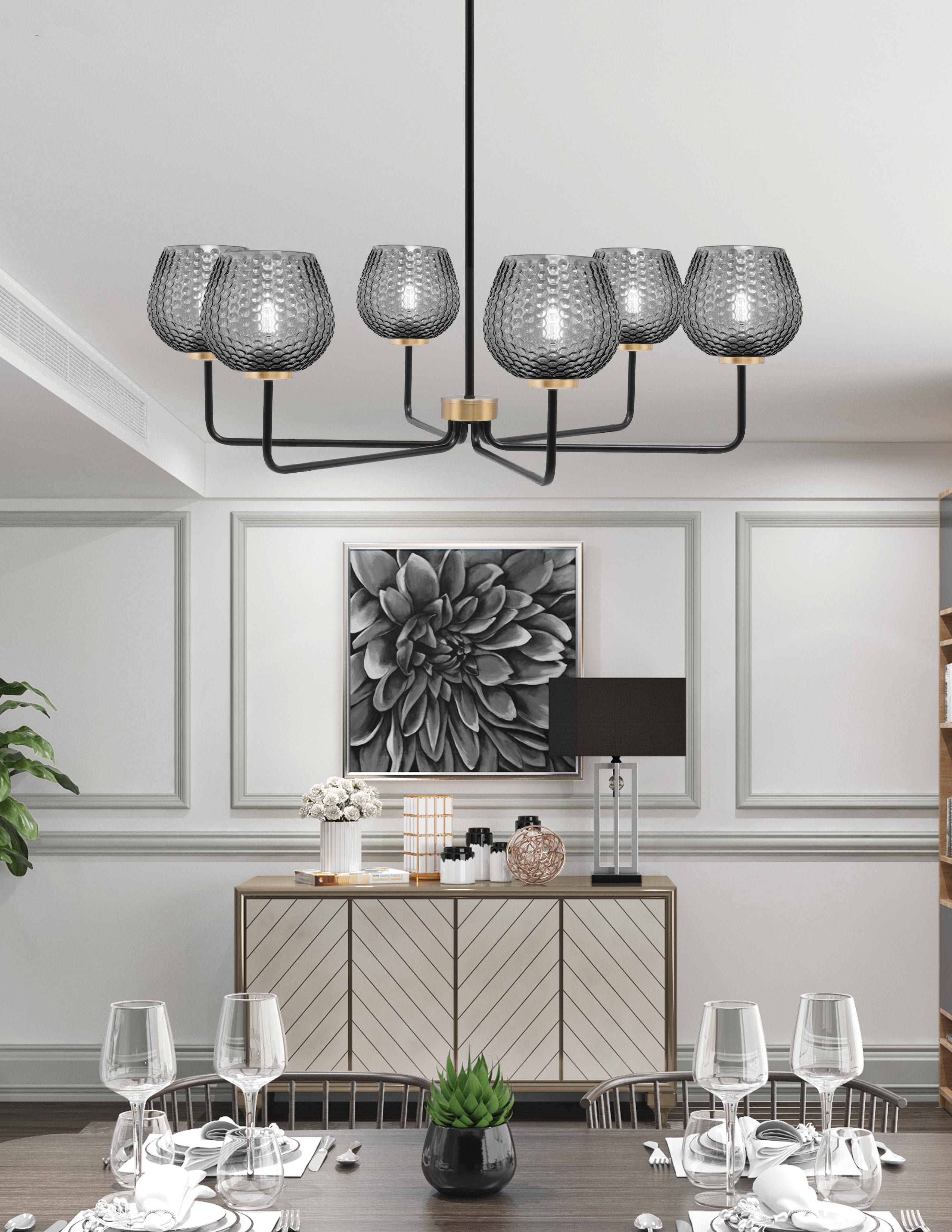 Sandia Six Light Chandelier in Matte Black & New Age Brass with Smoke Textured Shade