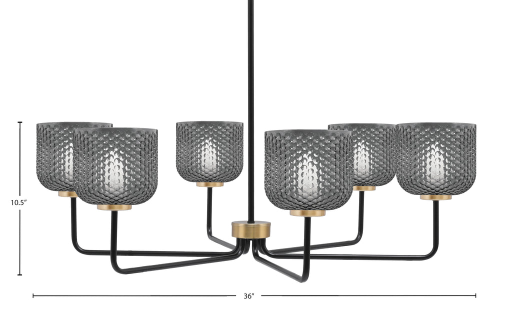 Sandia Six Light Chandelier in Matte Black & New Age Brass with Smoke Textured Shade