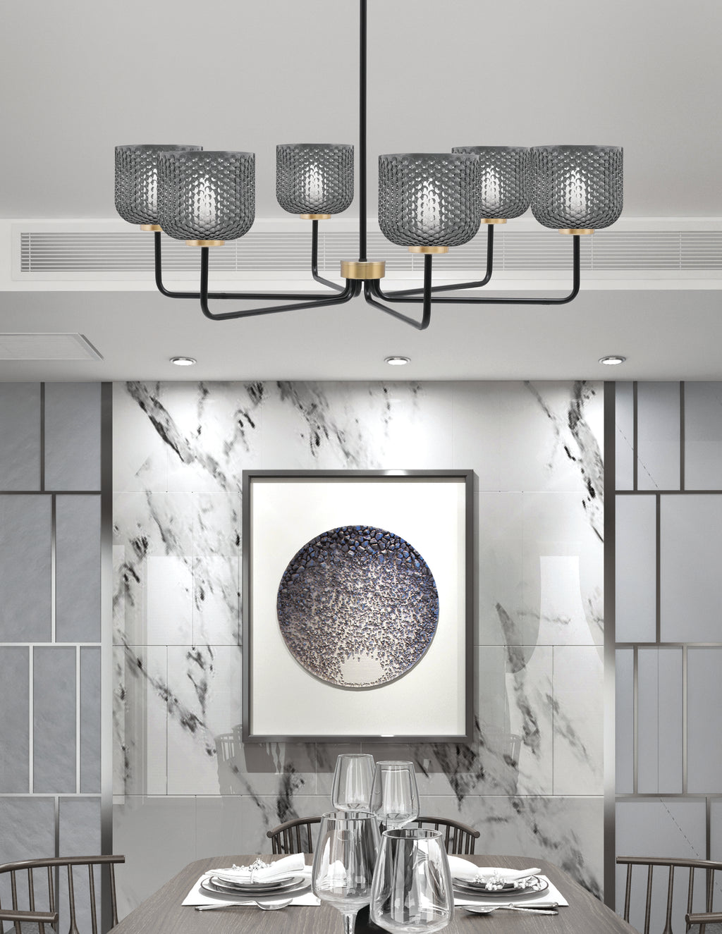 Sandia Six Light Chandelier in Matte Black & New Age Brass with Smoke Textured Shade