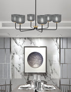 Sandia Six Light Chandelier in Matte Black & New Age Brass with Smoke Textured Shade