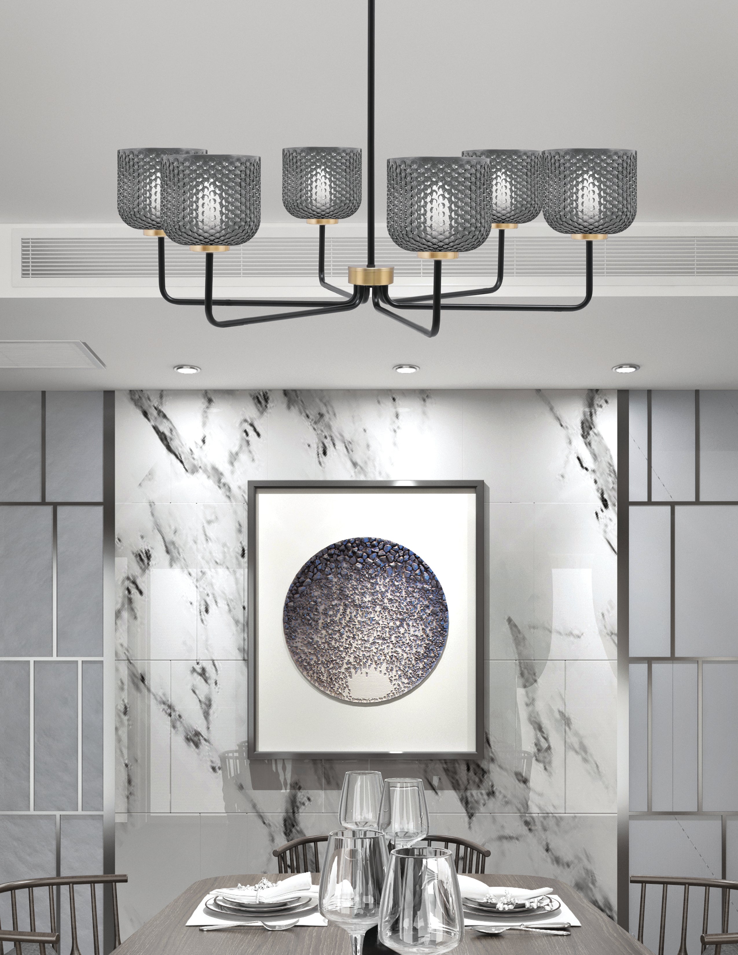 Sandia Six Light Chandelier in Matte Black & New Age Brass with Smoke Textured Shade