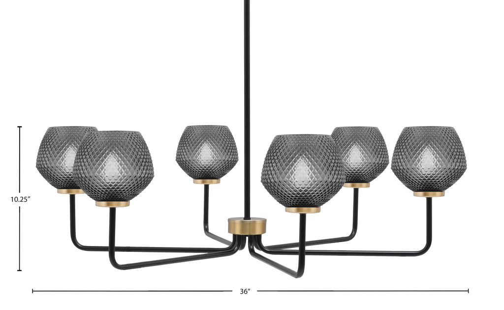 Sandia Six Light Chandelier in Matte Black & New Age Brass with Smoke Textured Shade
