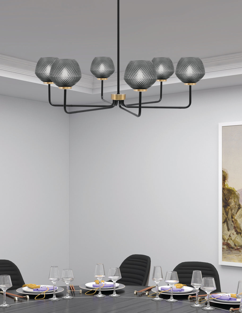 Sandia Six Light Chandelier in Matte Black & New Age Brass with Smoke Textured Shade