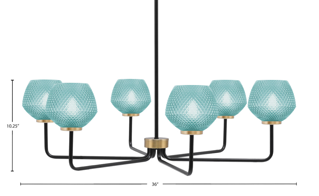 Sandia Six Light Chandelier in Matte Black & New Age Brass with Turquoise Textured Shade