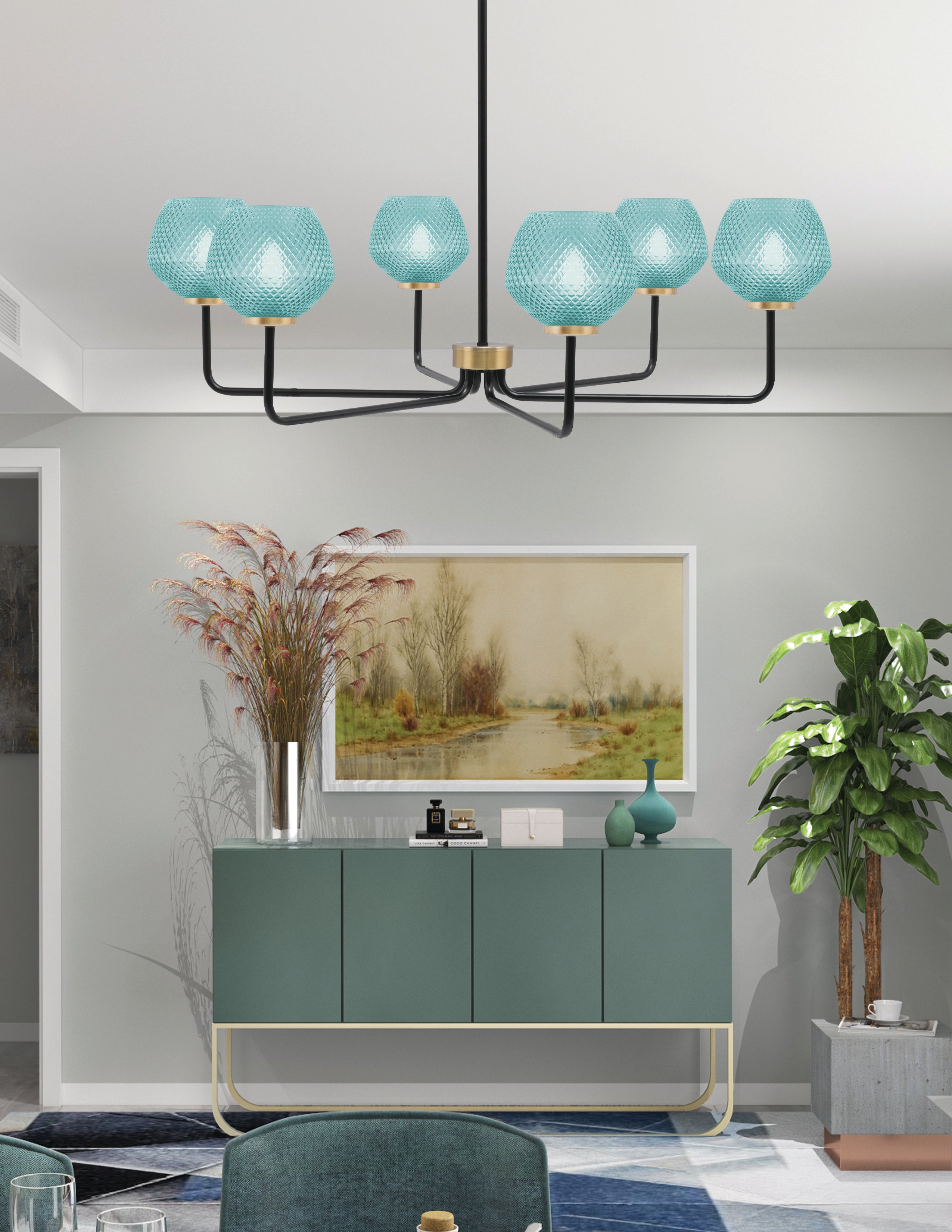 Sandia Six Light Chandelier in Matte Black & New Age Brass with Turquoise Textured Shade