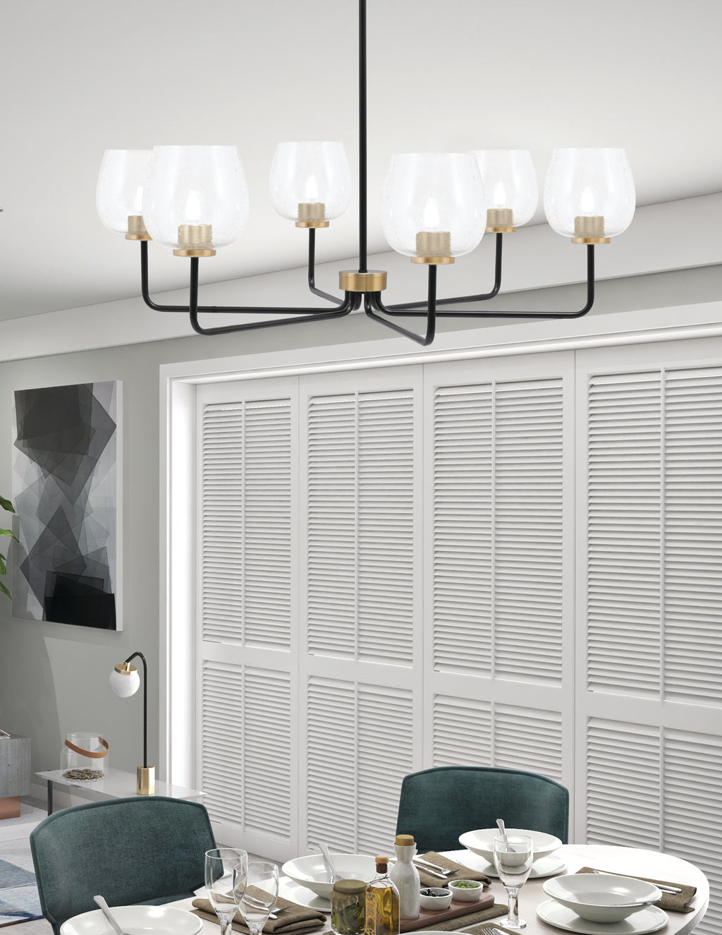Sandia Six Light Chandelier in Matte Black & New Age Brass with Clear Bubble Shade
