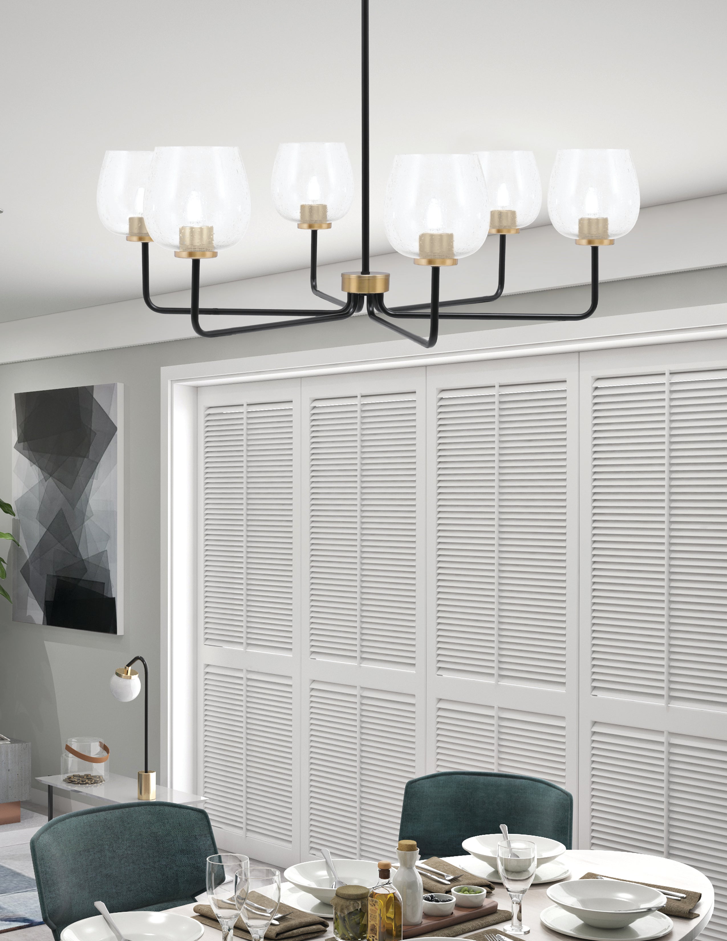 Sandia Six Light Chandelier in Matte Black & New Age Brass with Clear Bubble Shade
