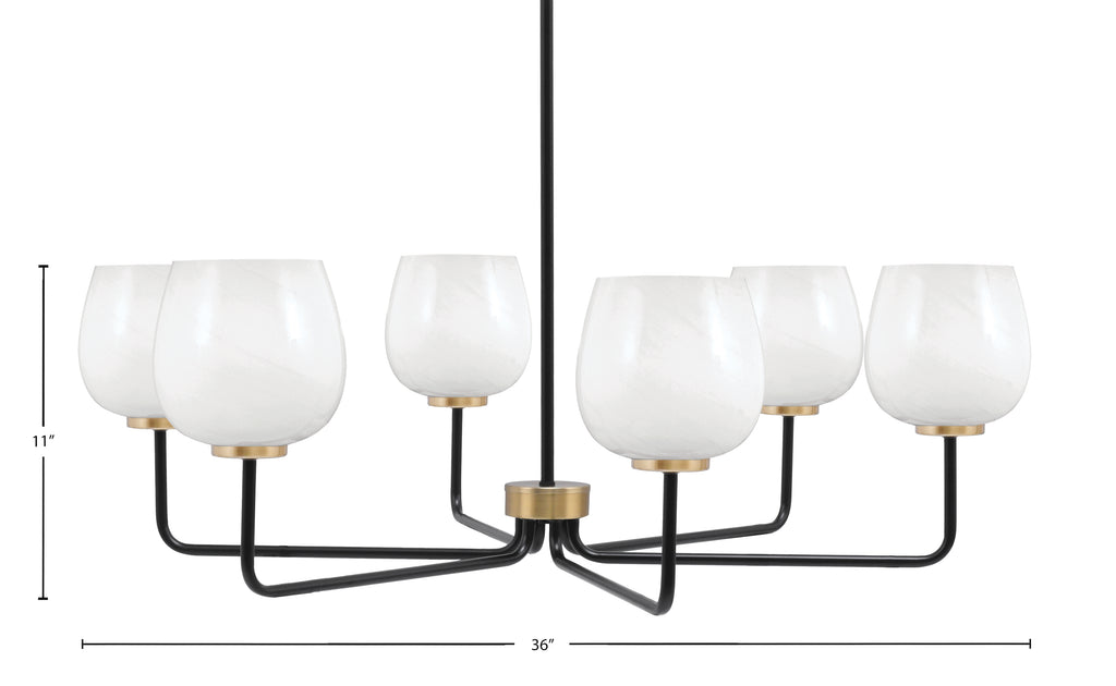 Sandia Six Light Chandelier in Matte Black & New Age Brass with White Marble Shade