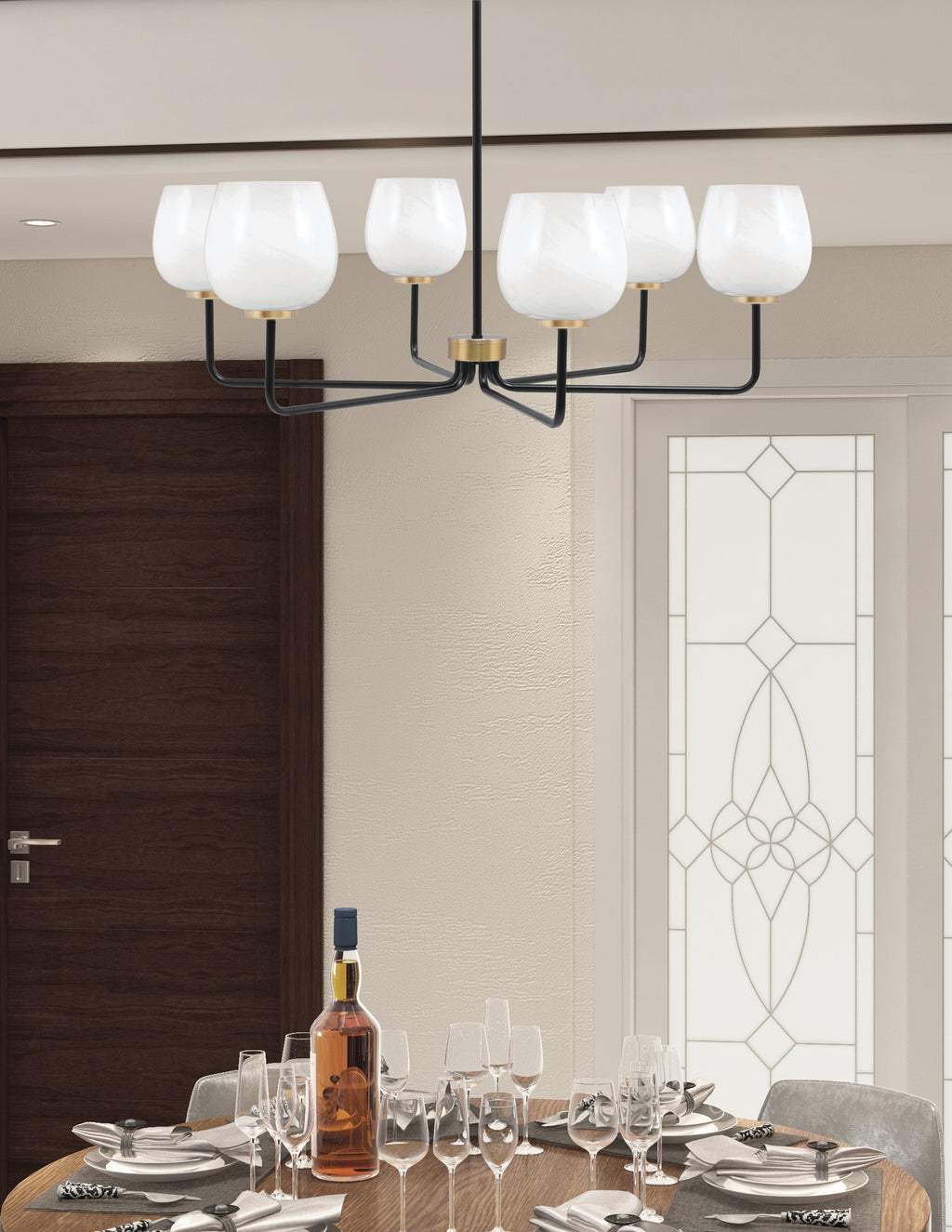 Sandia Six Light Chandelier in Matte Black & New Age Brass with White Marble Shade