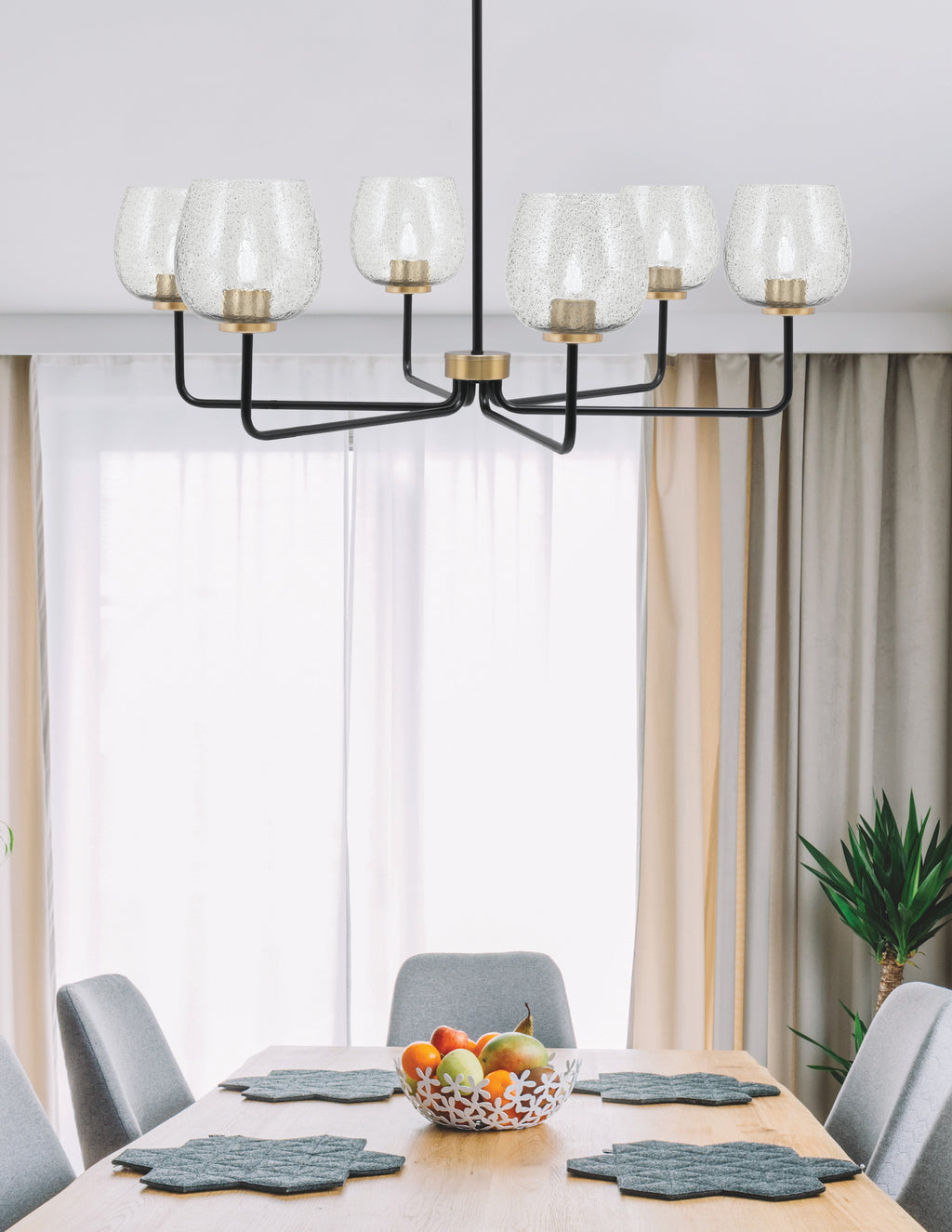 Sandia Six Light Chandelier in Matte Black & New Age Brass with Smoke Bubble Shade