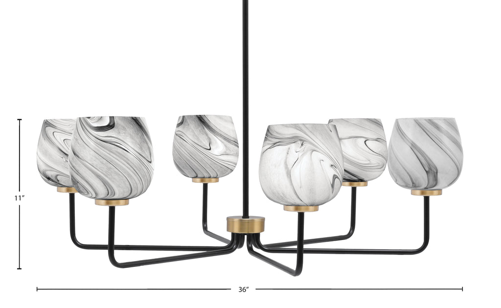 Sandia Six Light Chandelier in Matte Black & New Age Brass with Onyx Swirl Shade