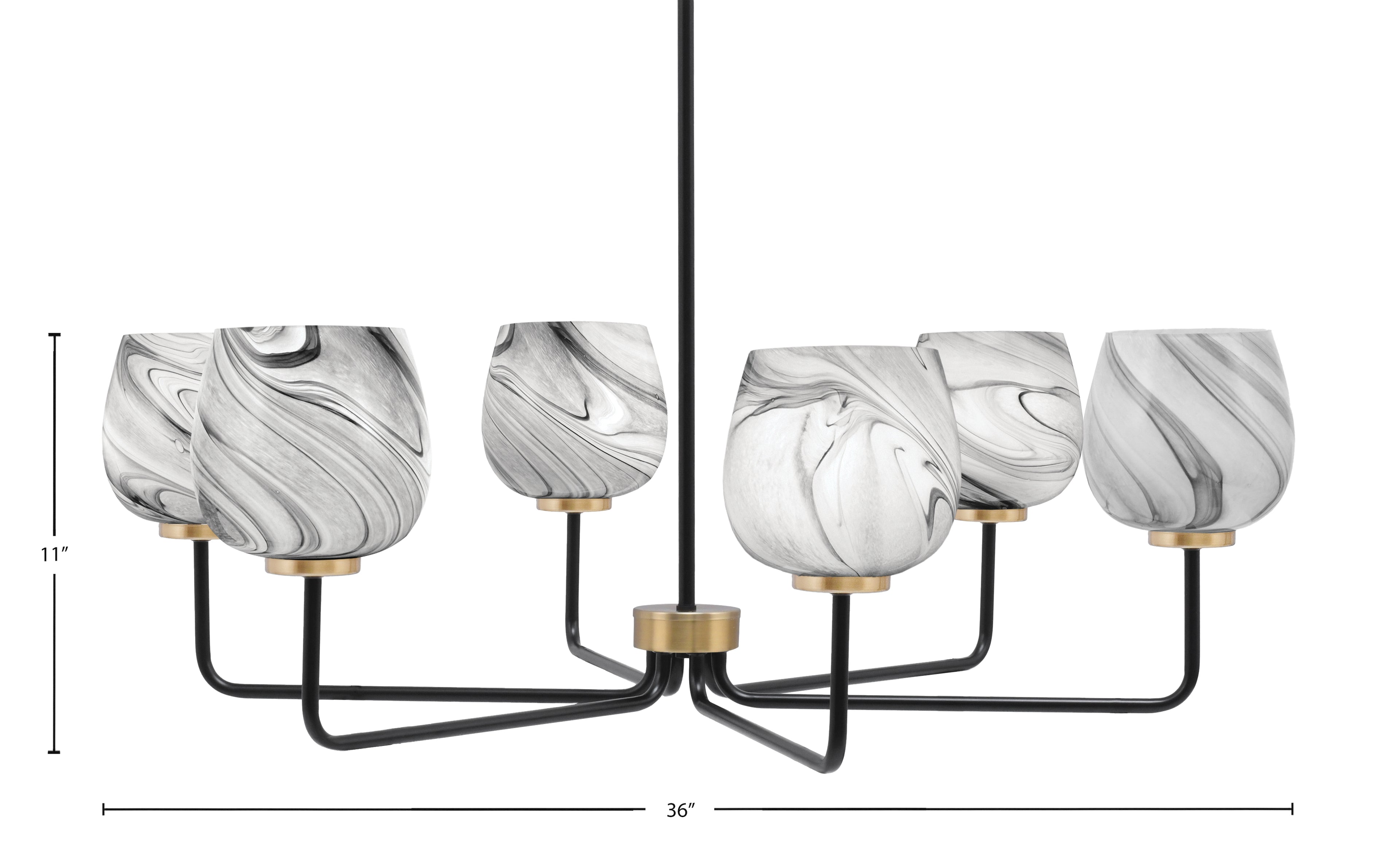 Sandia Six Light Chandelier in Matte Black & New Age Brass with Onyx Swirl Shade