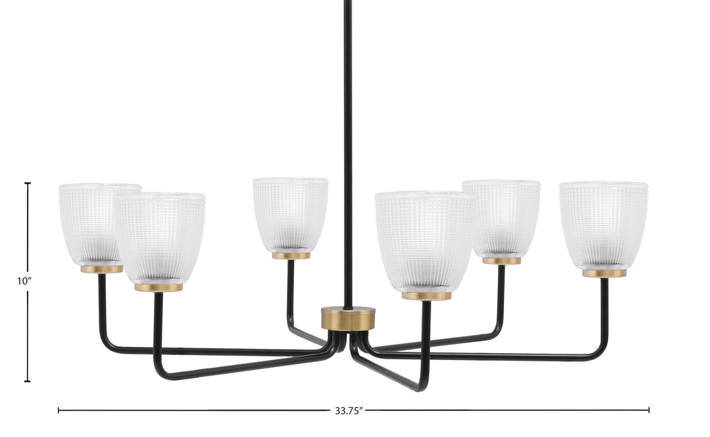 Sandia Six Light Chandelier in Matte Black & New Age Brass with Clear Ribbed Shade