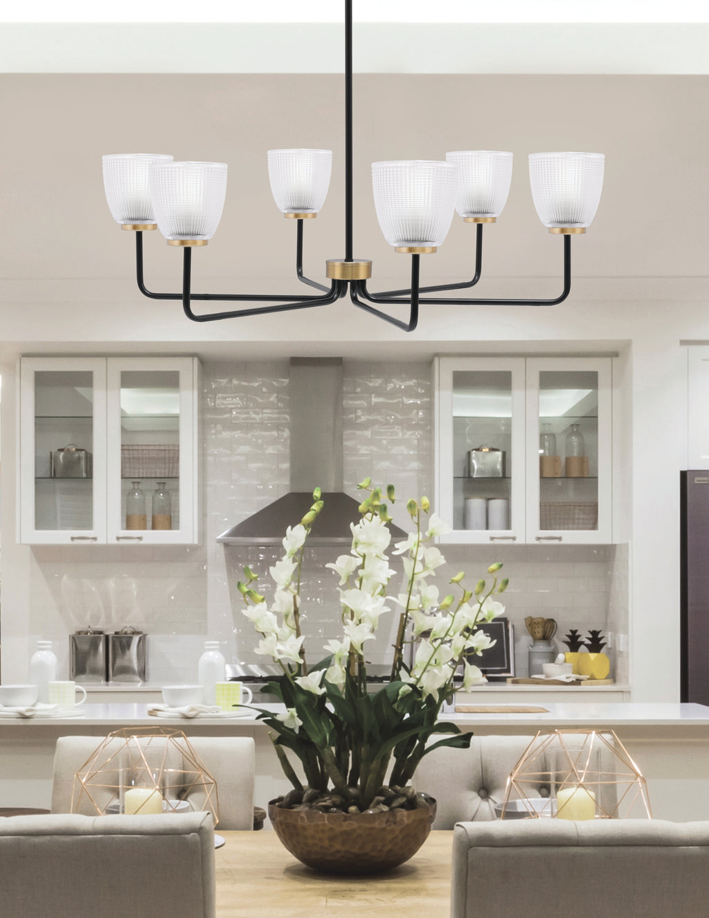 Sandia Six Light Chandelier in Matte Black & New Age Brass with Clear Ribbed Shade