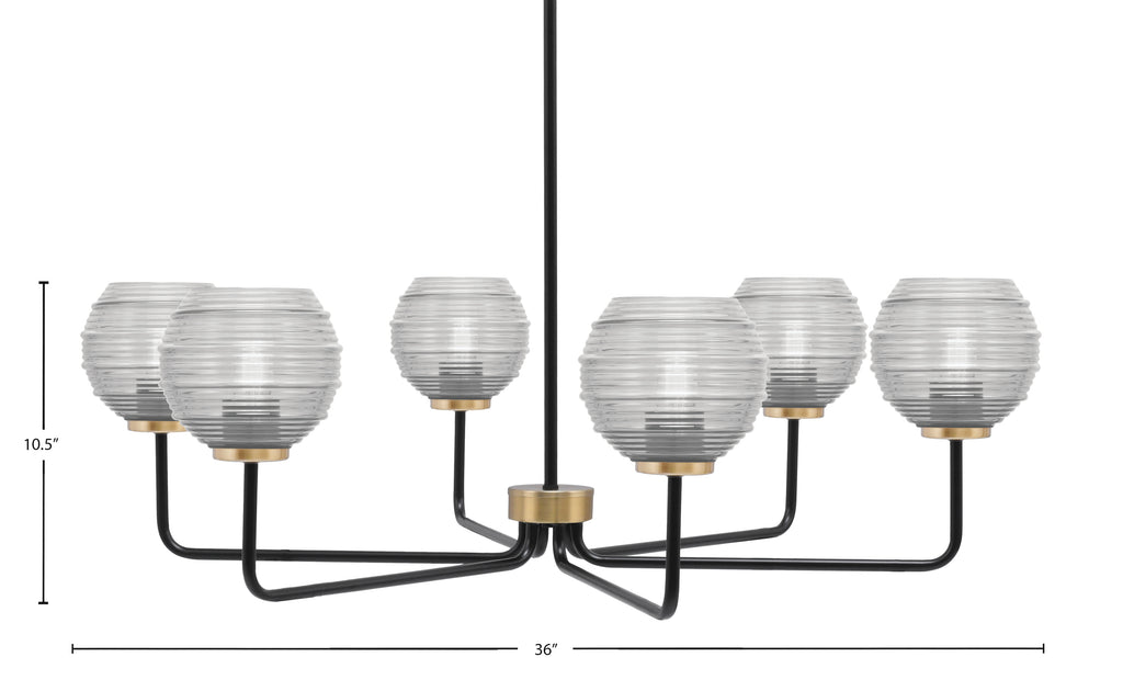 Sandia Six Light Chandelier in Matte Black & New Age Brass with Clear Ribbed Shade