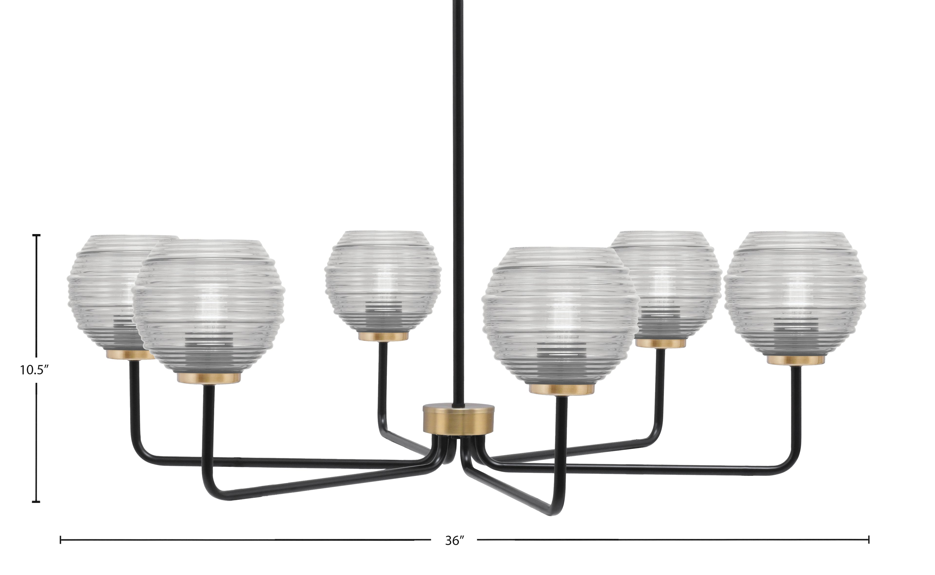Sandia Six Light Chandelier in Matte Black & New Age Brass with Clear Ribbed Shade