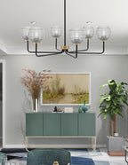 Sandia Six Light Chandelier in Matte Black & New Age Brass with Clear Ribbed Shade