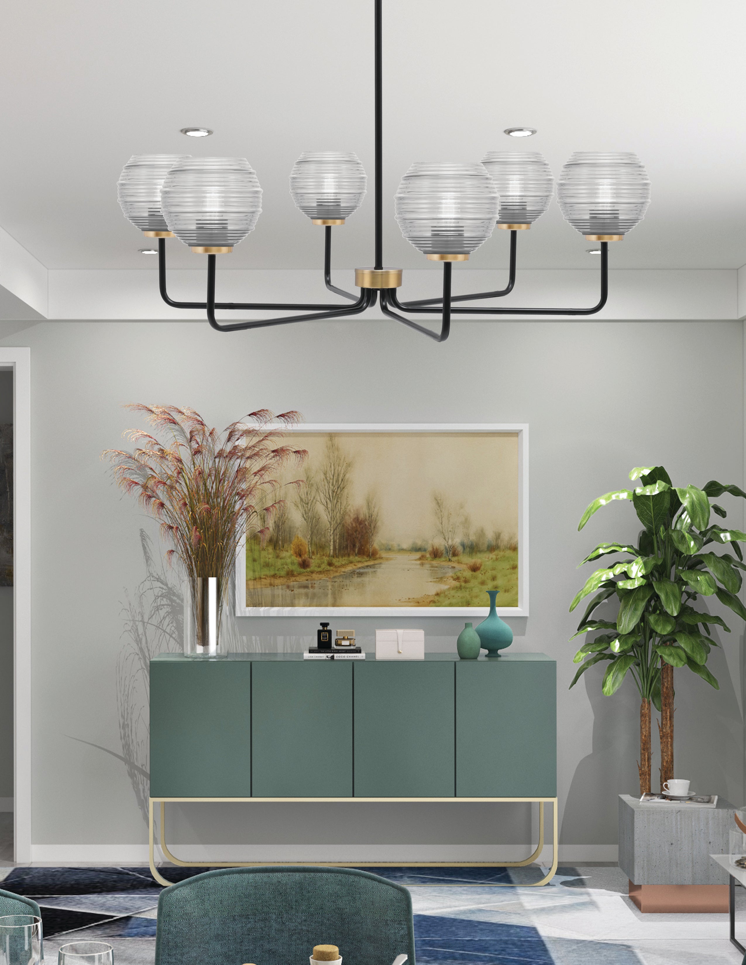 Sandia Six Light Chandelier in Matte Black & New Age Brass with Clear Ribbed Shade
