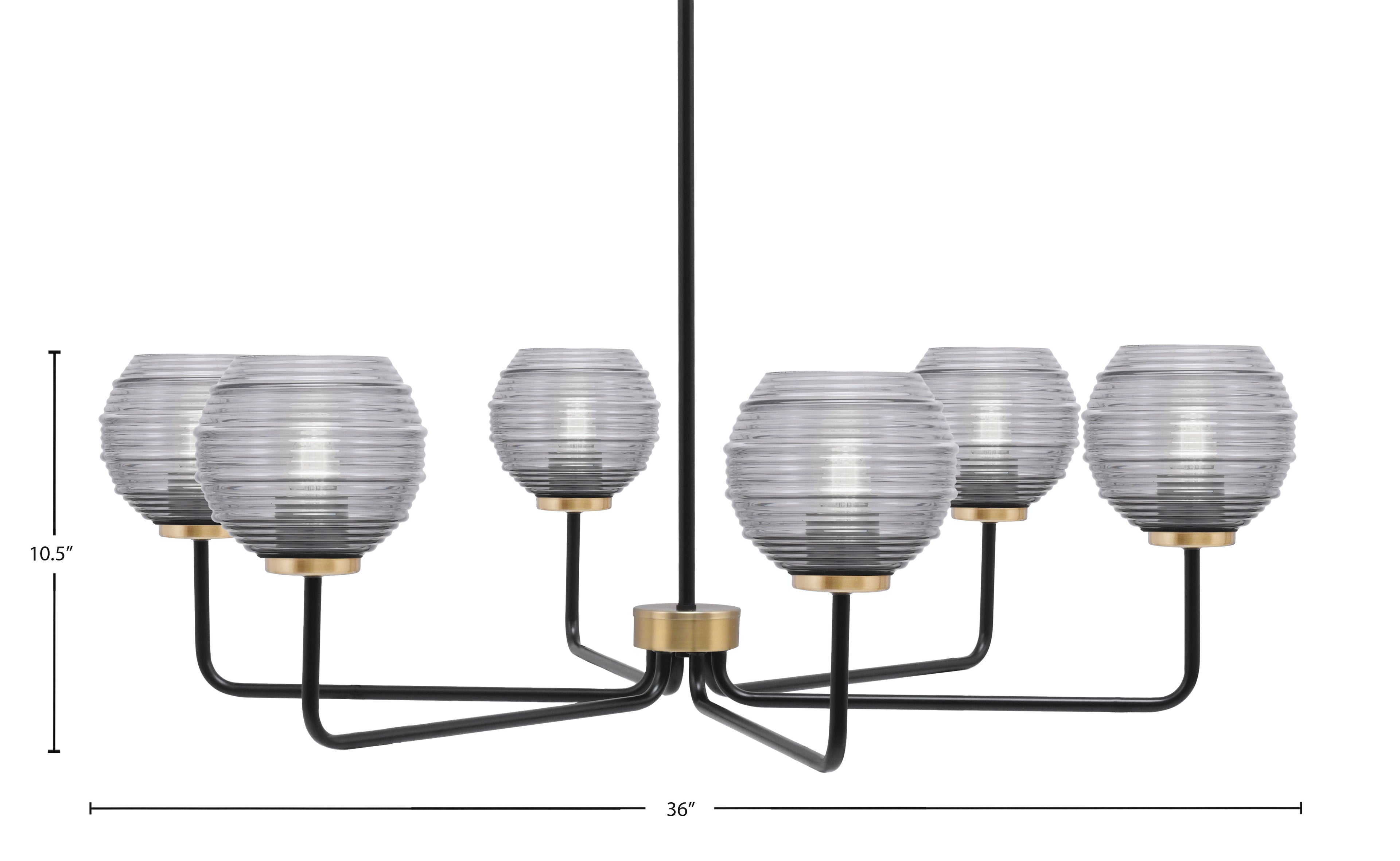 Sandia Six Light Chandelier in Matte Black & New Age Brass with Smoke Ribbed Shade