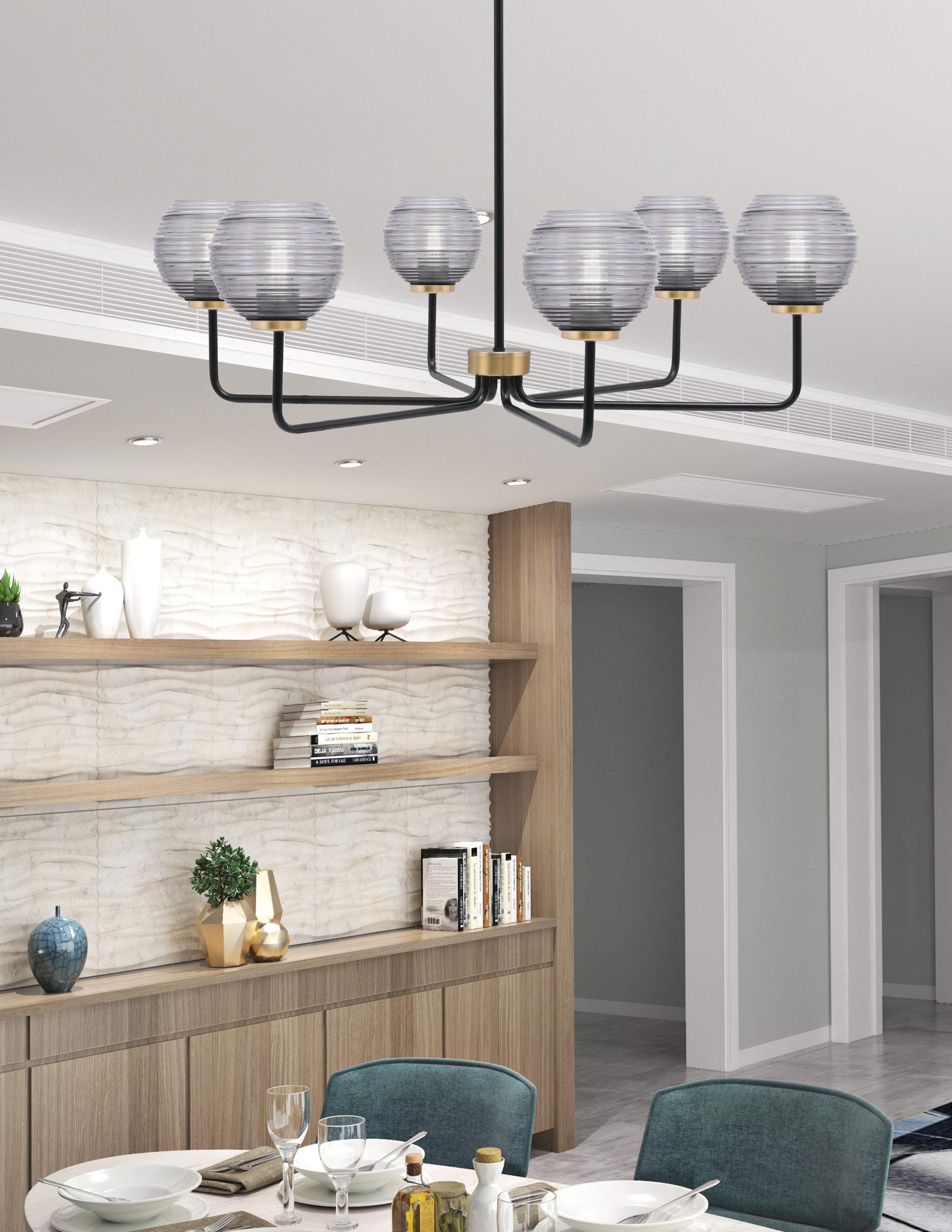 Sandia Six Light Chandelier in Matte Black & New Age Brass with Smoke Ribbed Shade