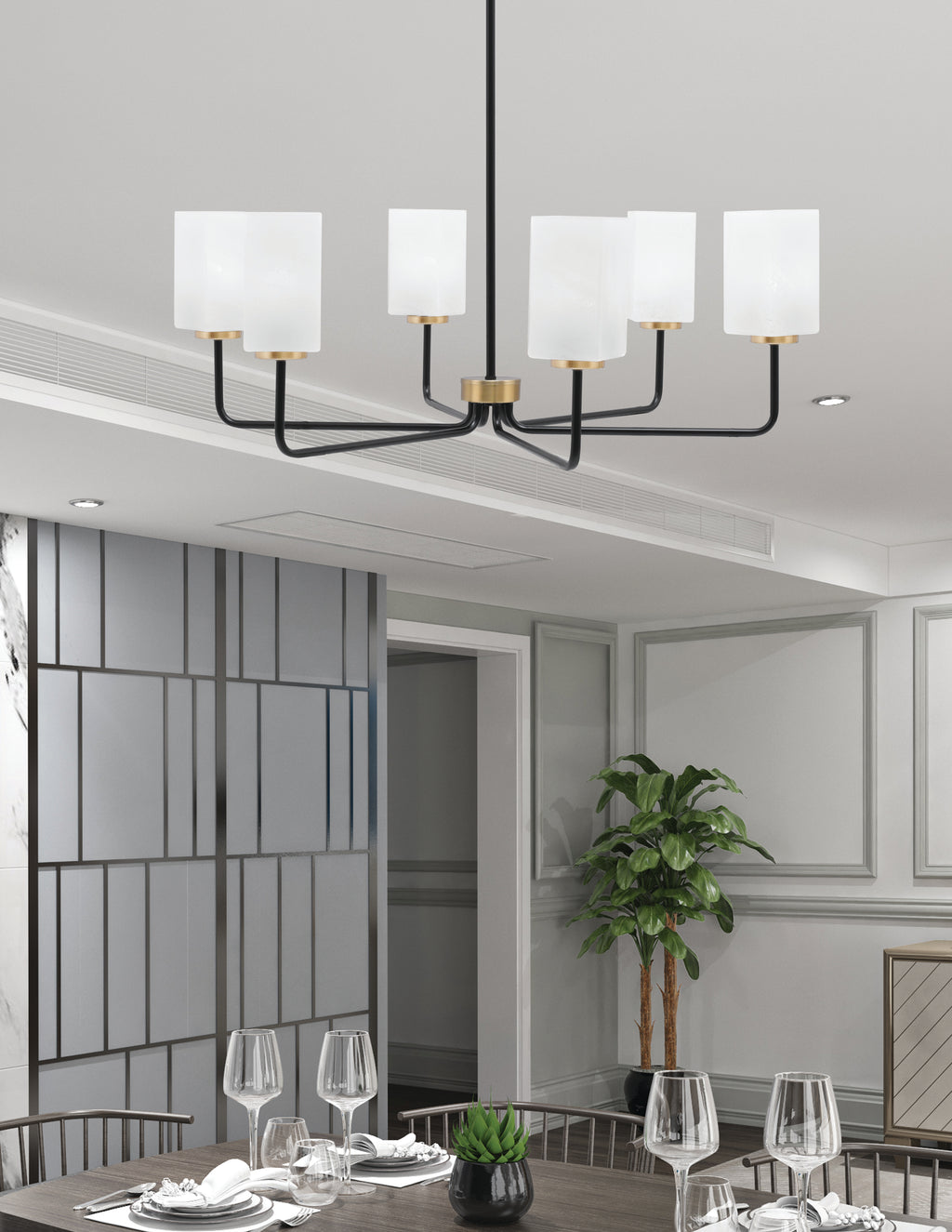Sandia Six Light Chandelier in Matte Black & New Age Brass with White Marble Shade
