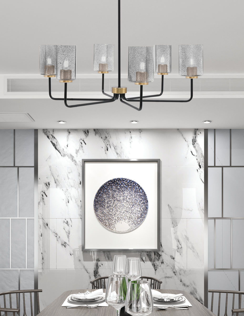 Sandia Six Light Chandelier in Matte Black & New Age Brass with Smoke Bubble Shade