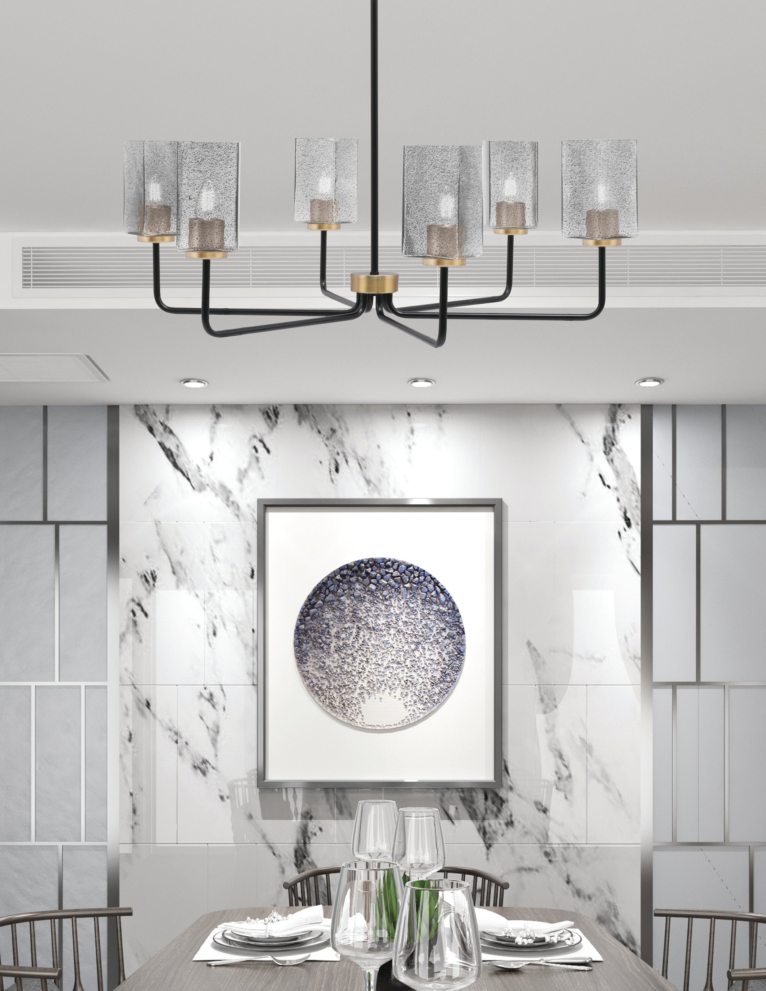 Sandia Six Light Chandelier in Matte Black & New Age Brass with Smoke Bubble Shade