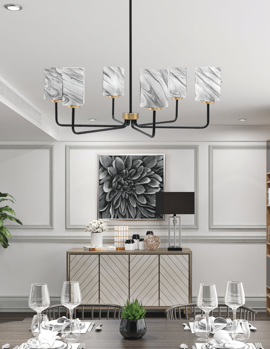 Sandia Six Light Chandelier in Matte Black & New Age Brass with Onyx Swirl Shade