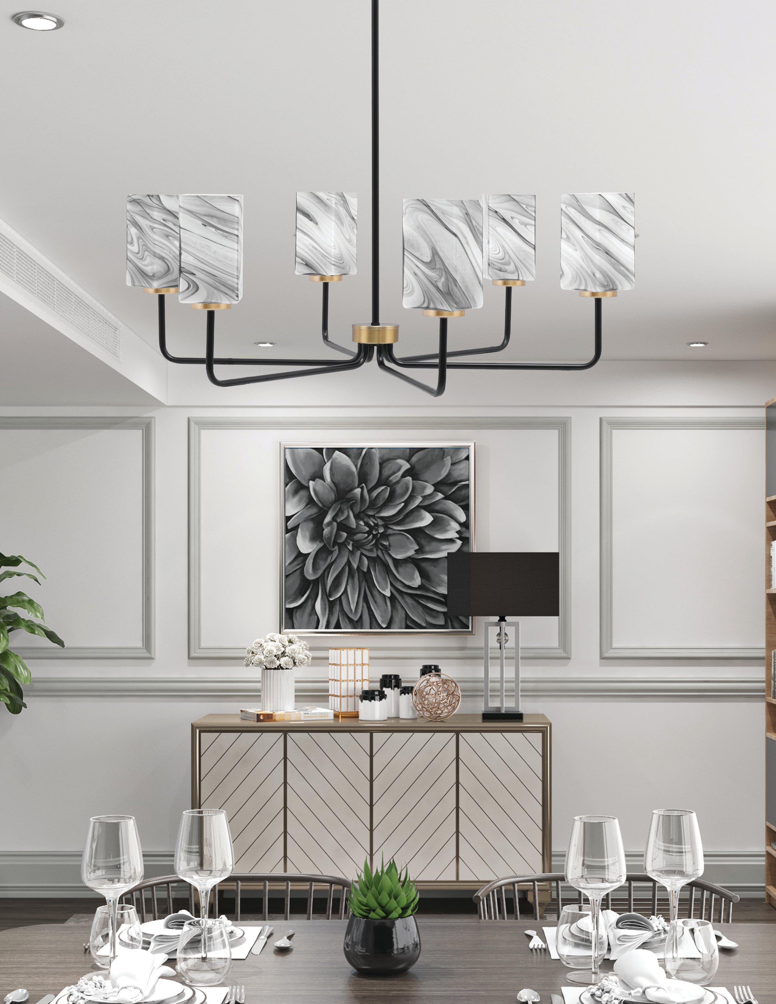 Sandia Six Light Chandelier in Matte Black & New Age Brass with Onyx Swirl Shade