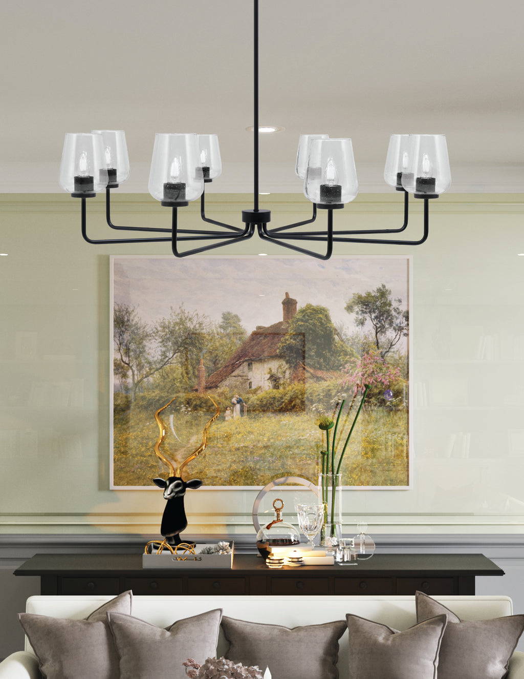 Sandia Eight Light Chandelier in Matte Black with Clear Bubble Shade