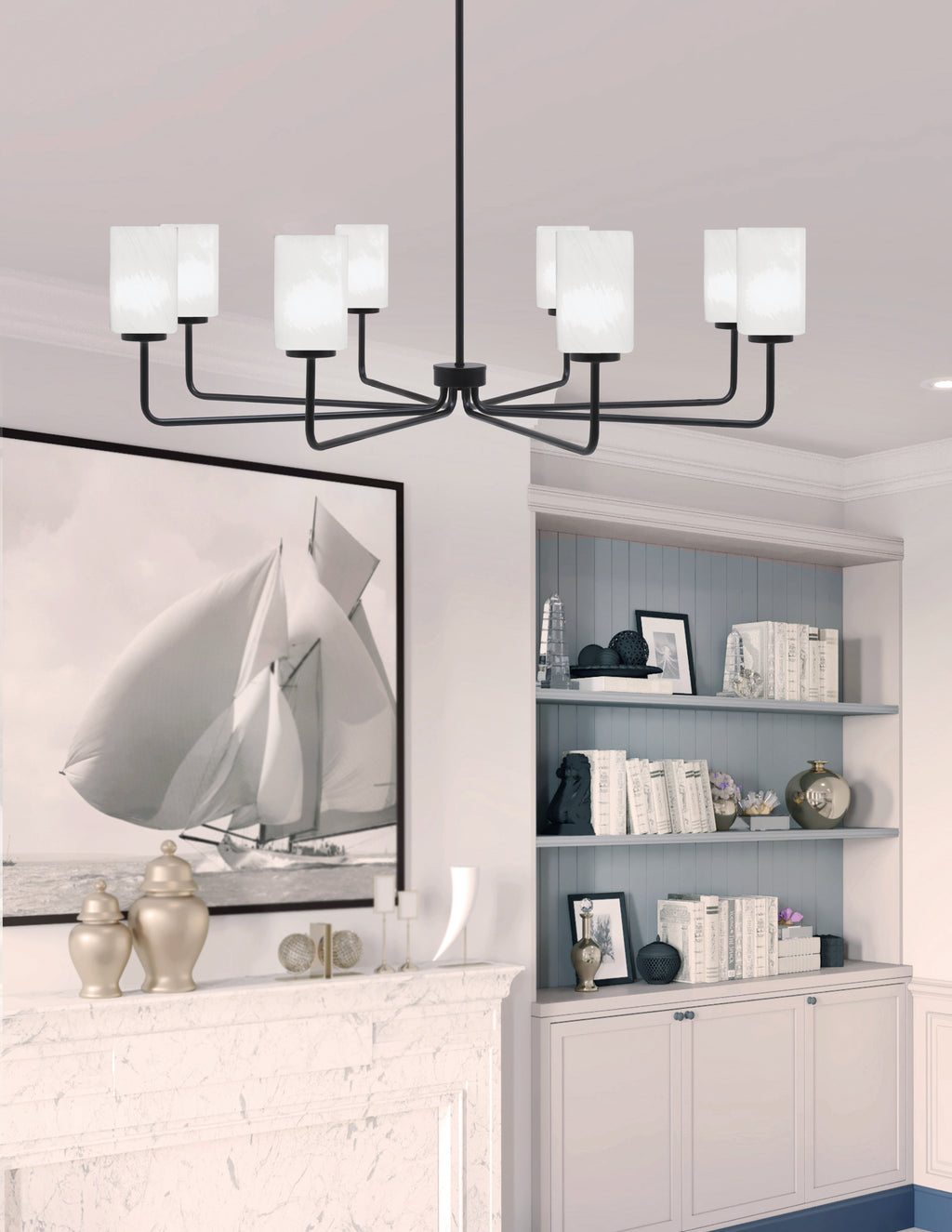 Sandia Eight Light Chandelier in Matte Black with White Marble Shade