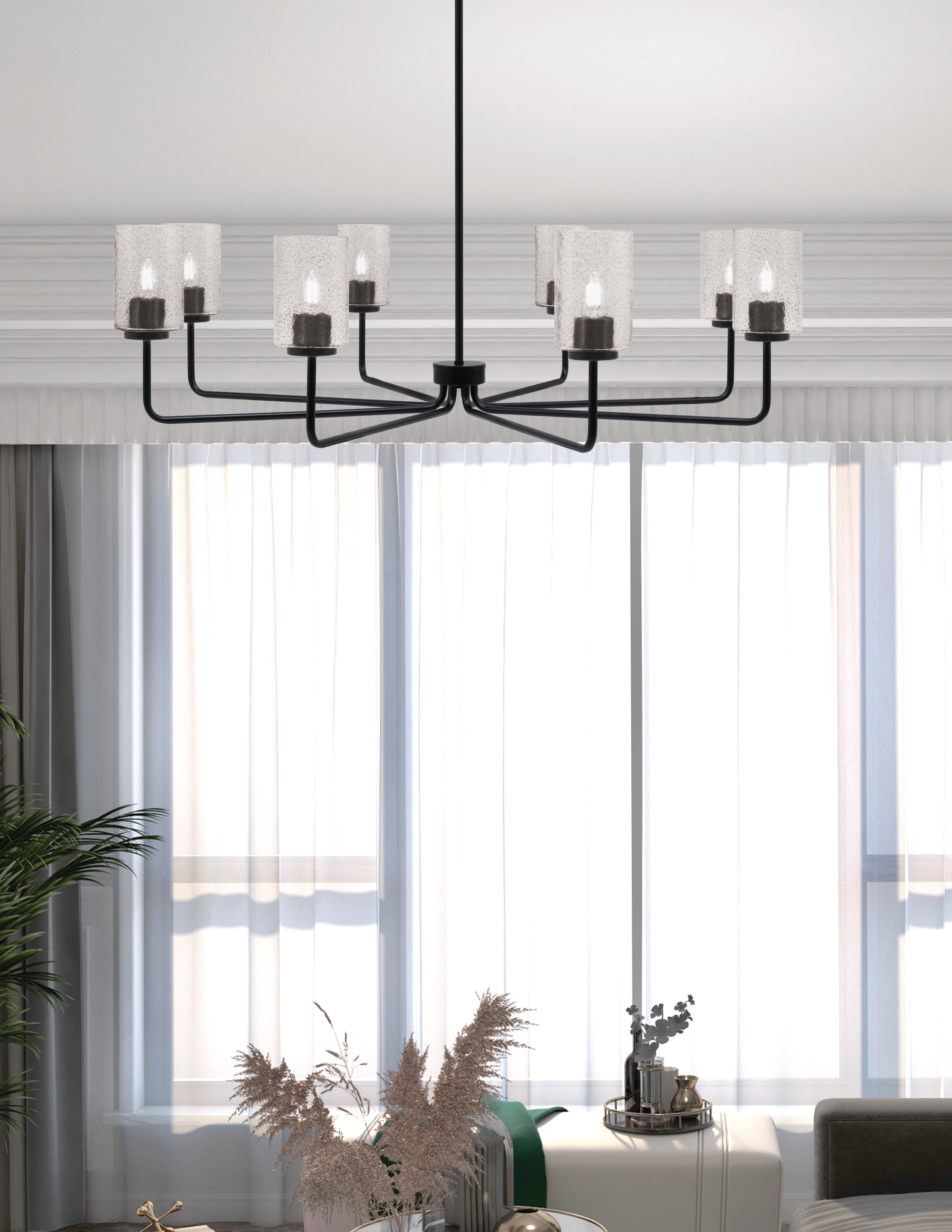 Sandia Eight Light Chandelier in Matte Black with Smoke Bubble Shade