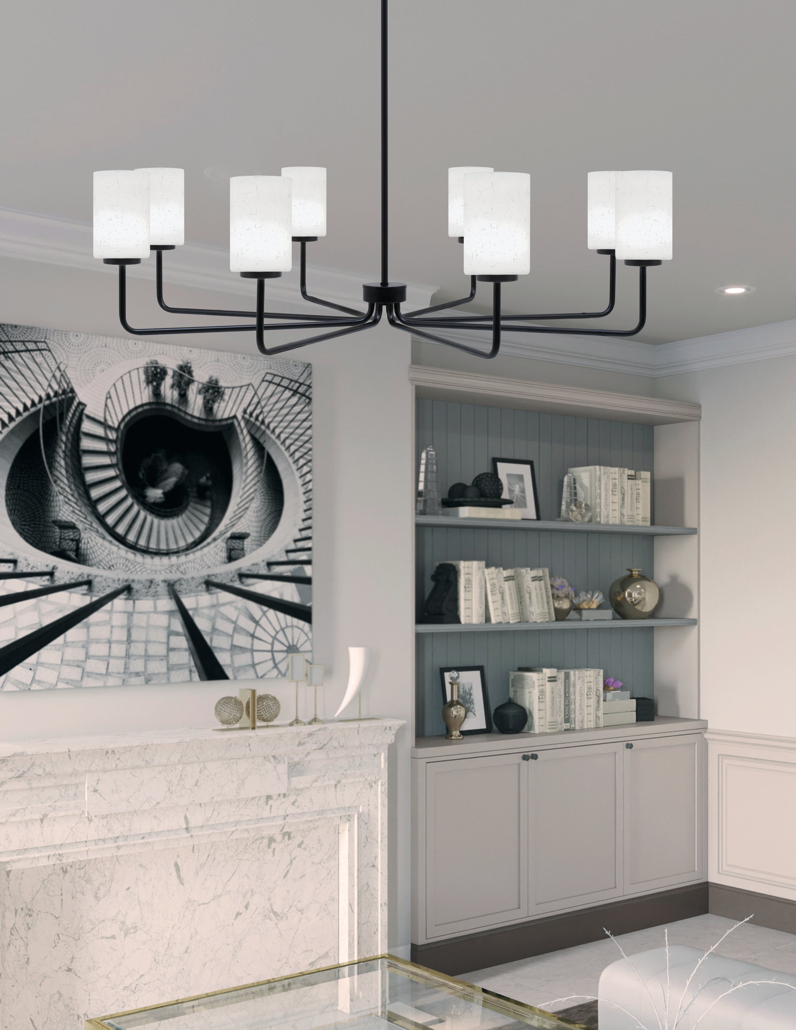 Sandia Eight Light Chandelier in Matte Black with White Muslin Shade