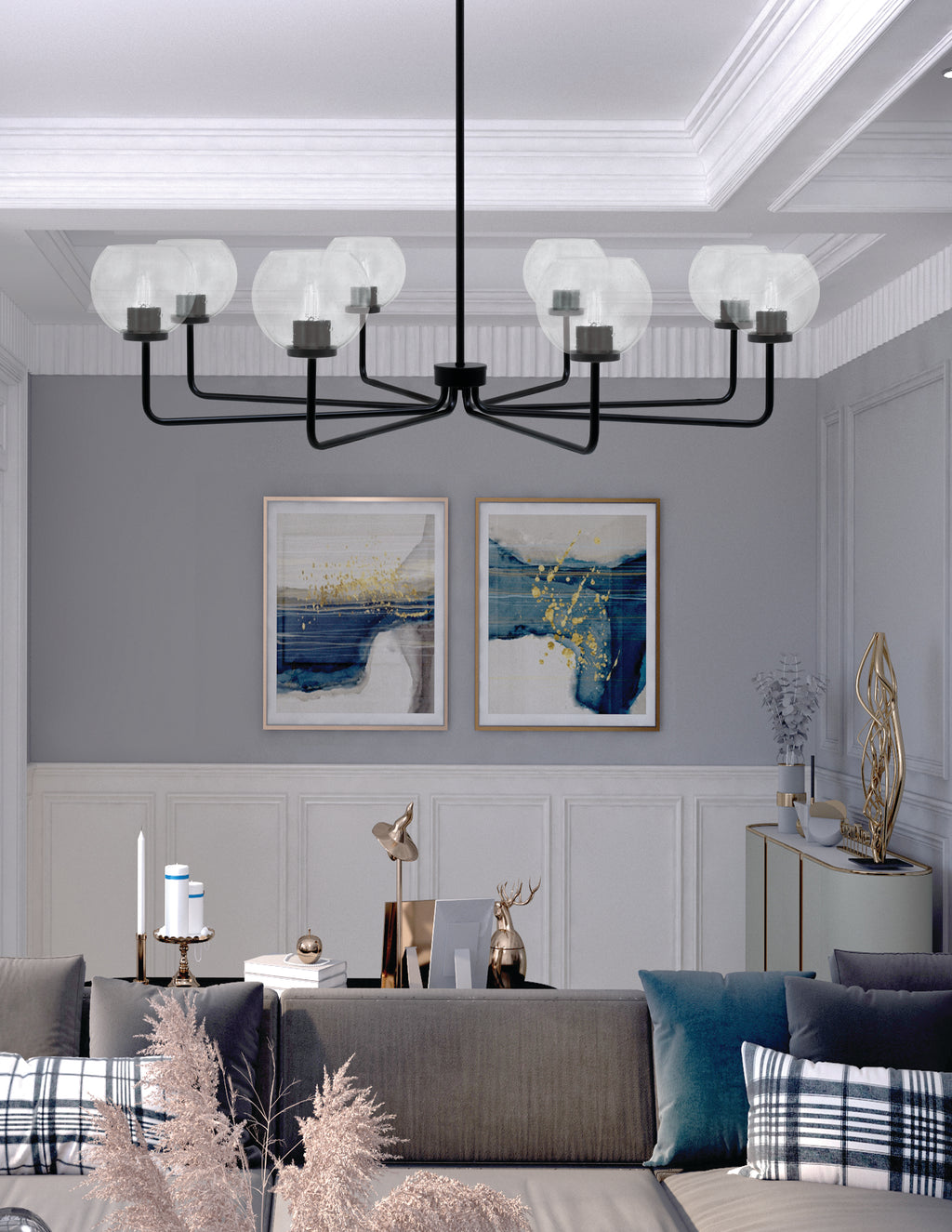 Sandia Eight Light Chandelier in Matte Black with Clear Bubble Shade