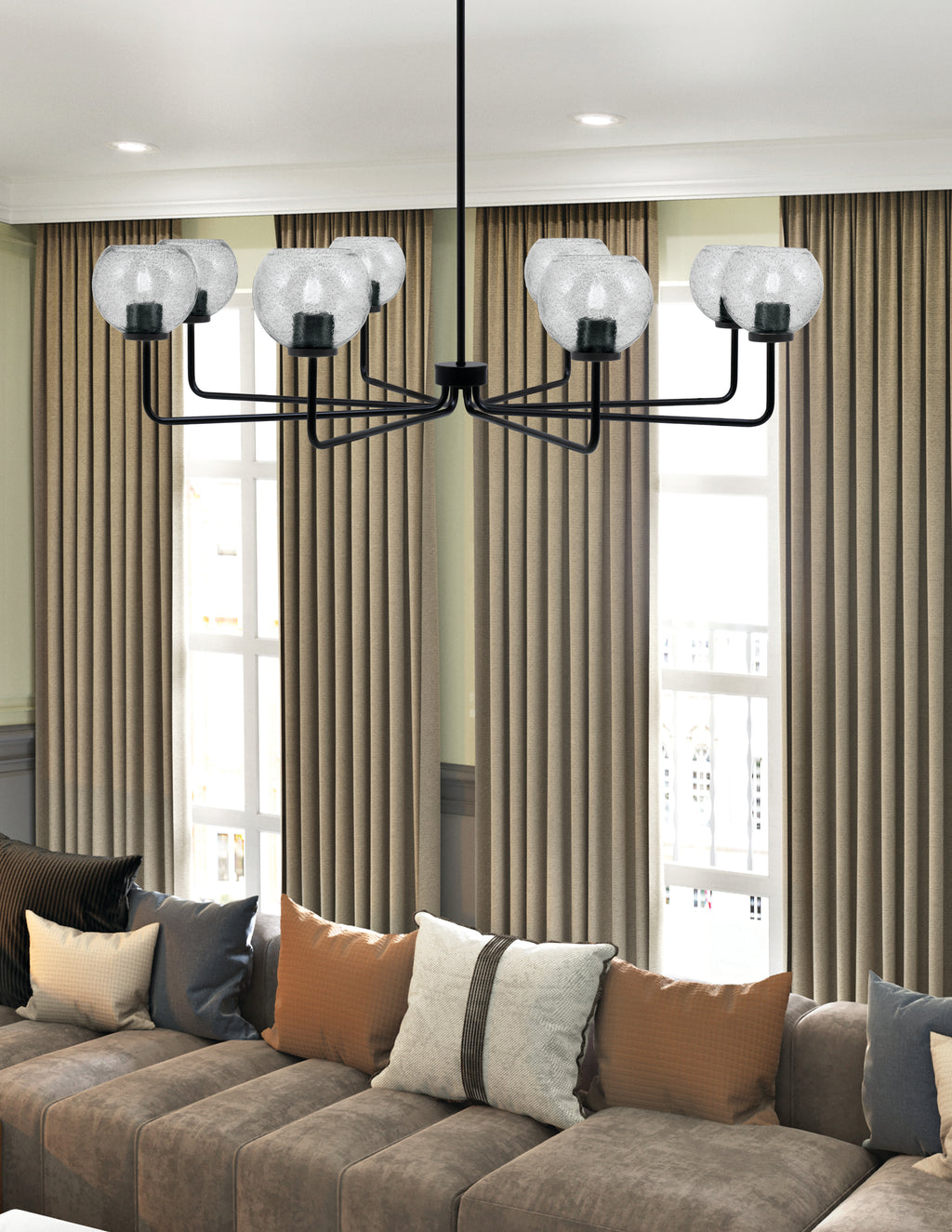 Sandia Eight Light Chandelier in Matte Black with Smoke Bubble Shade